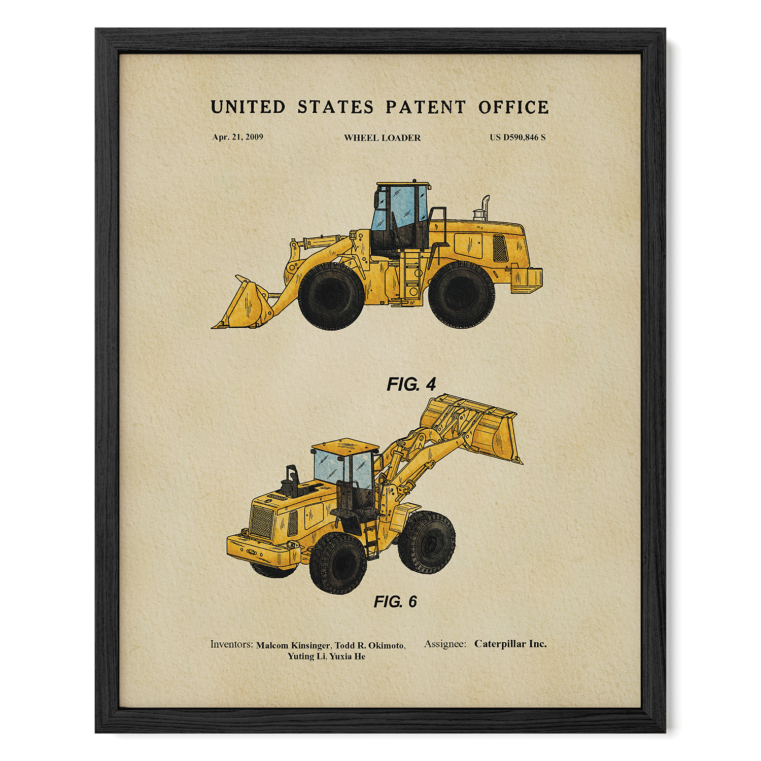 The image is a framed patent drawing of a wheel loader, depicting two different models with detailed illustrations and text.