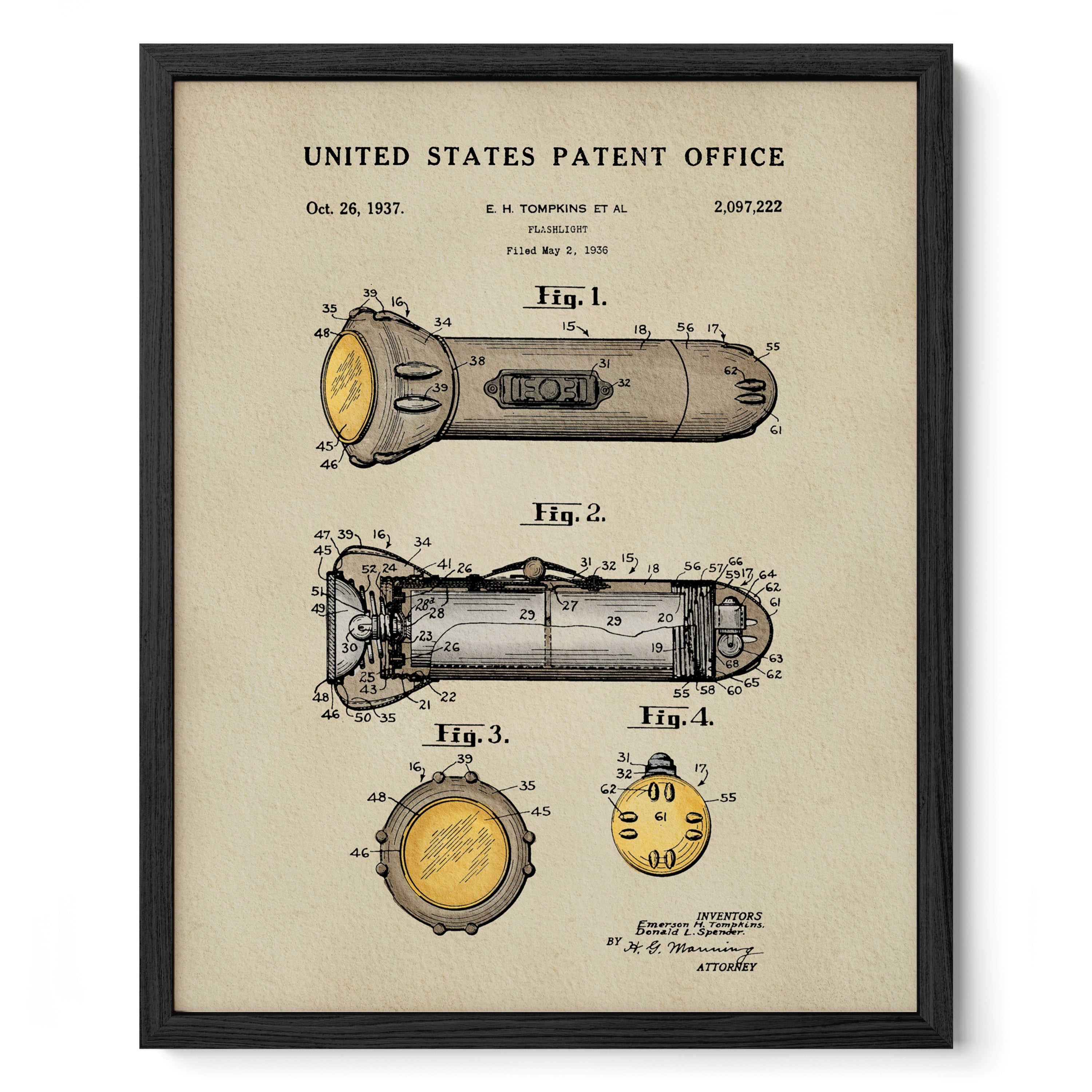 The image is a framed patent drawing from the United States Patent Office, depicting a flashlight from the year 1937.