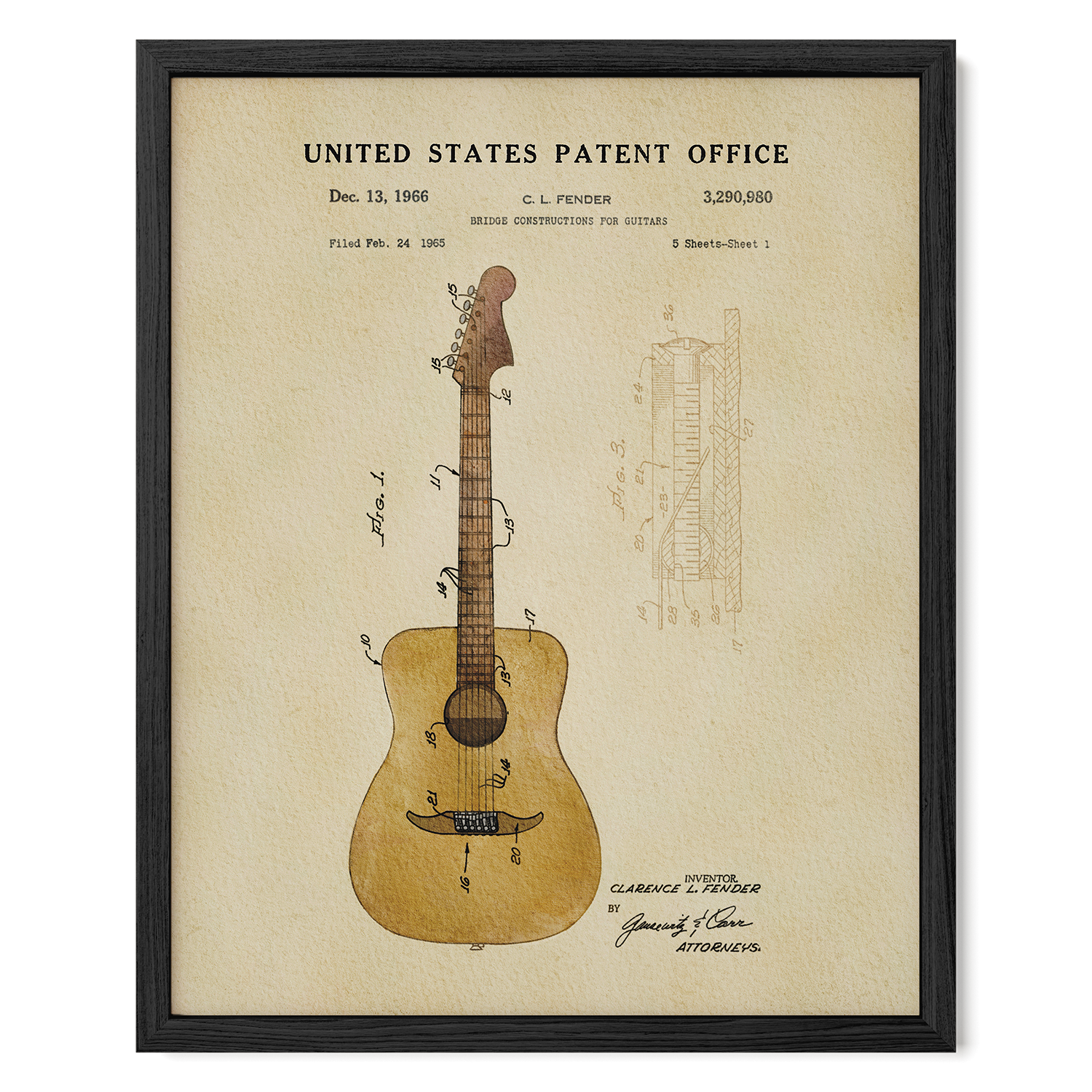 The image is a framed patent drawing of a guitar, depicting the design and construction of the guitar.