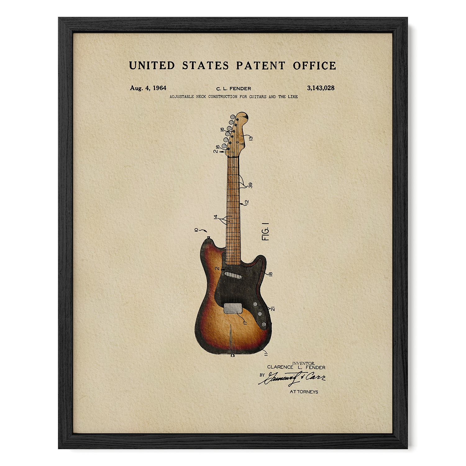 The image is a framed patent drawing of a guitar, depicting the guitar's design and construction.