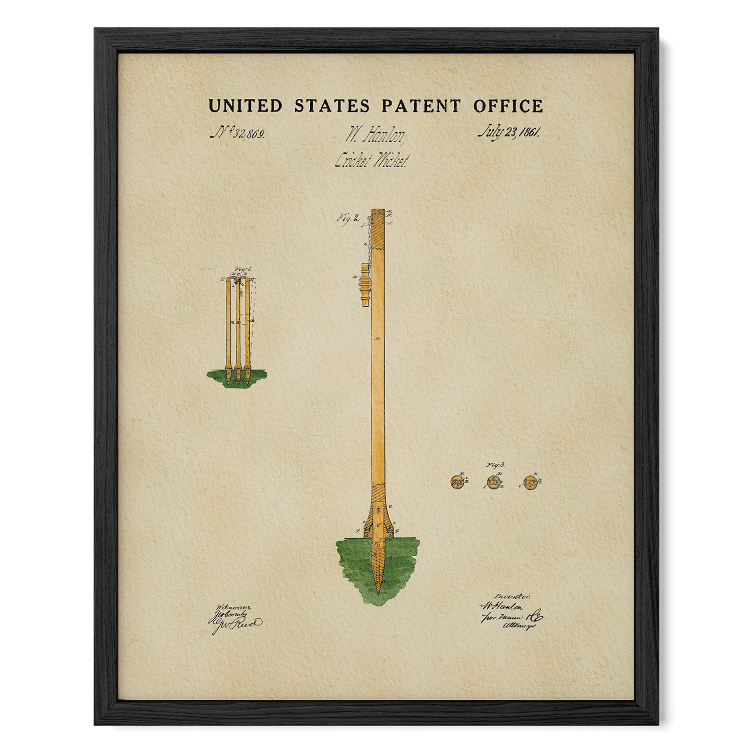 The image is a framed print of a United States patent office document, featuring an illustration of a tall, slender structure with a green base and three smaller structures on the ground.