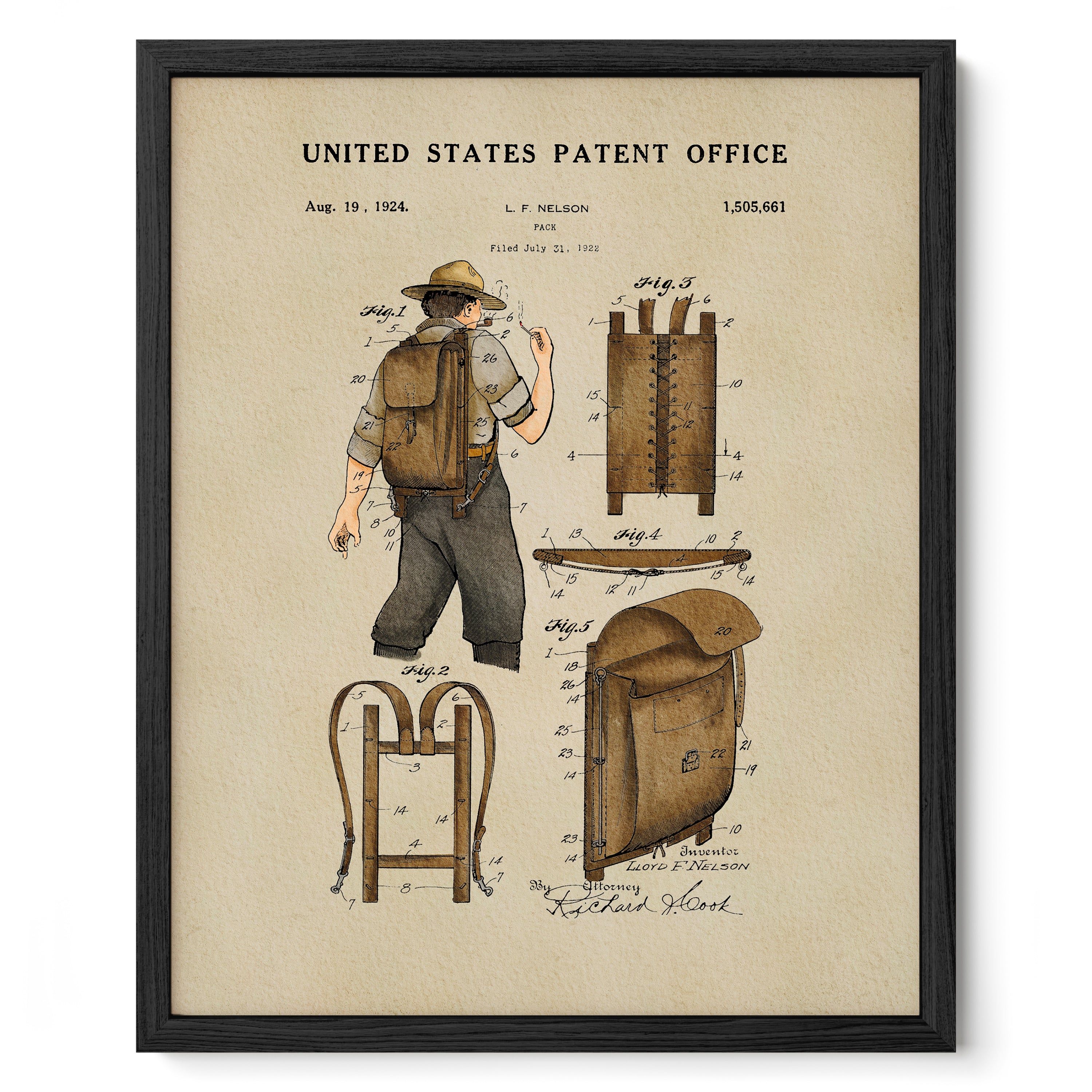 The image is a framed patent drawing depicting a man with a backpack, showing the design and features of the backpack.