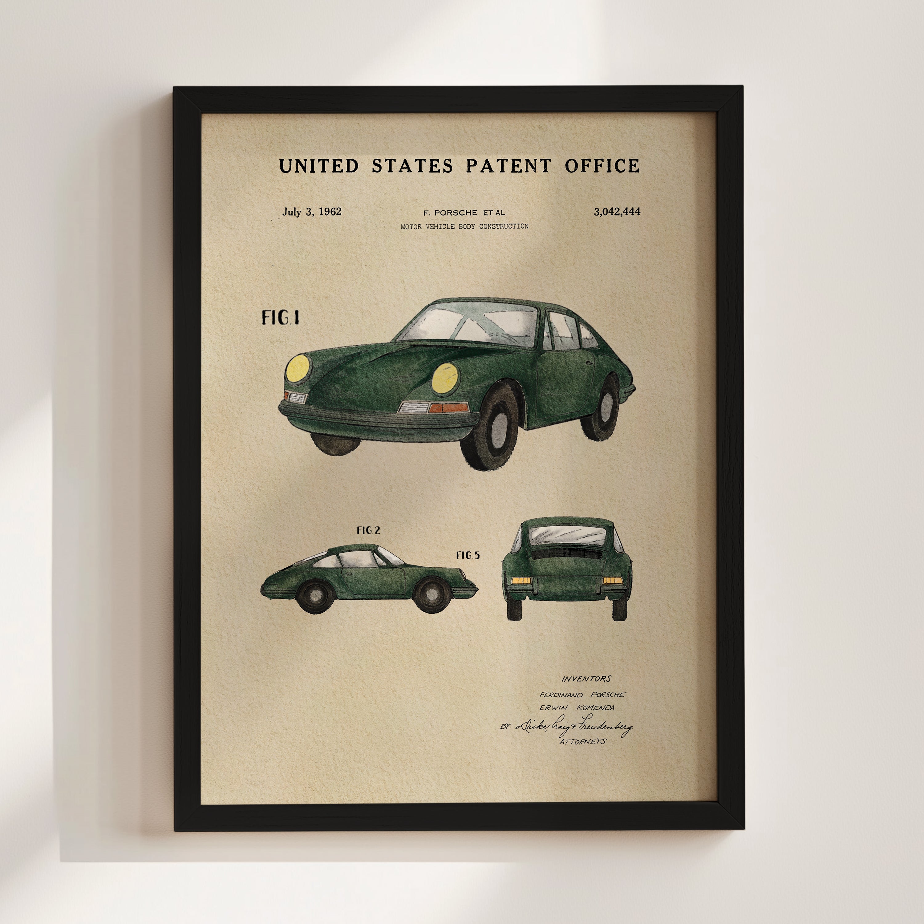The image is a framed patent drawing of a green sports car, depicting the car's design and features.