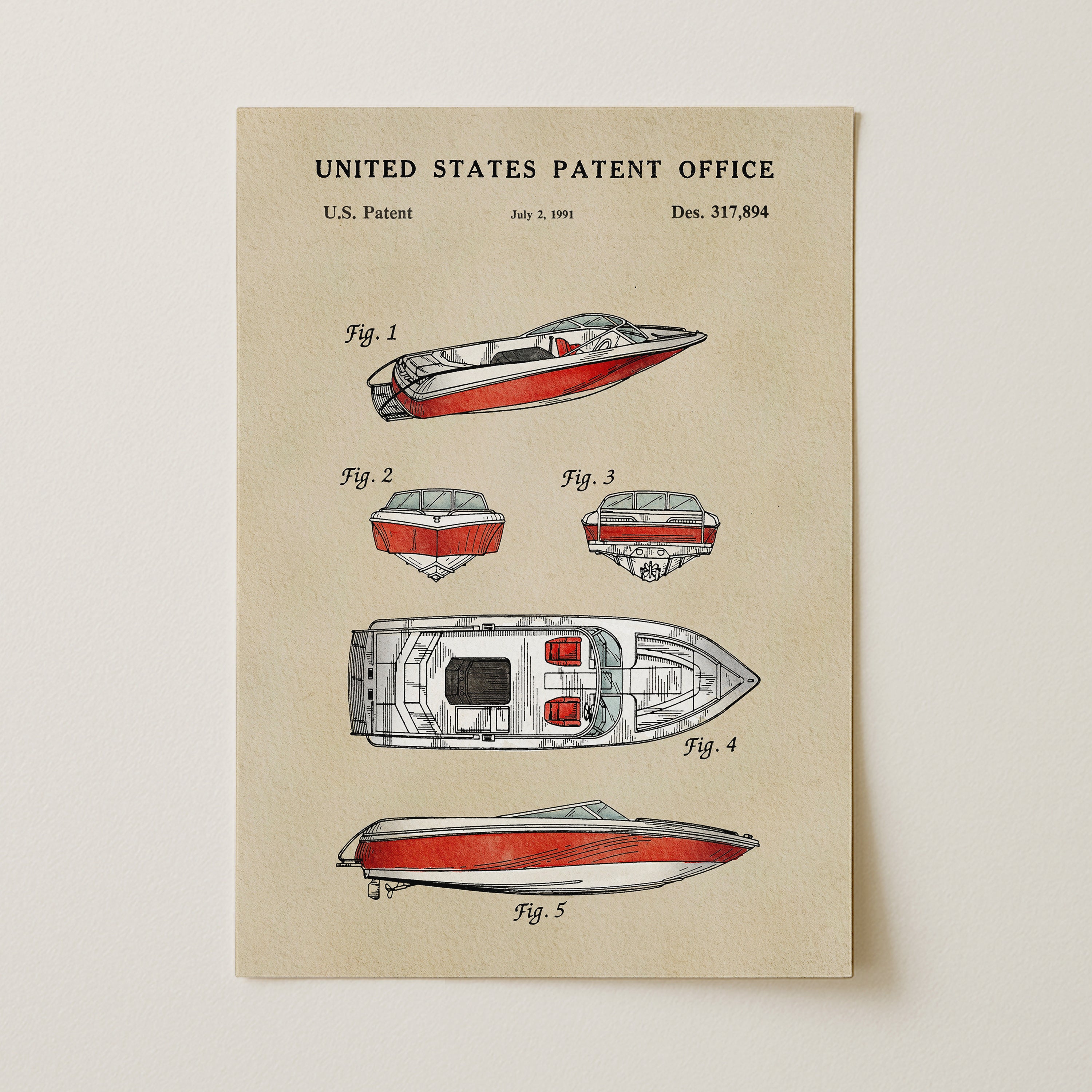 The image is a patent drawing of a speedboat, depicting various views of the boat's design and features.