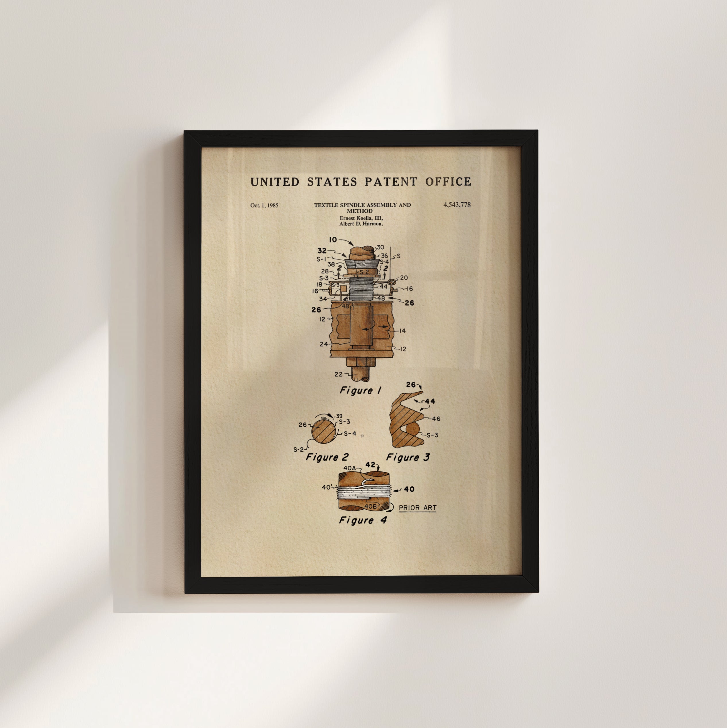The image is a framed patent drawing from the United States Patent Office, depicting a textile machine and its components.