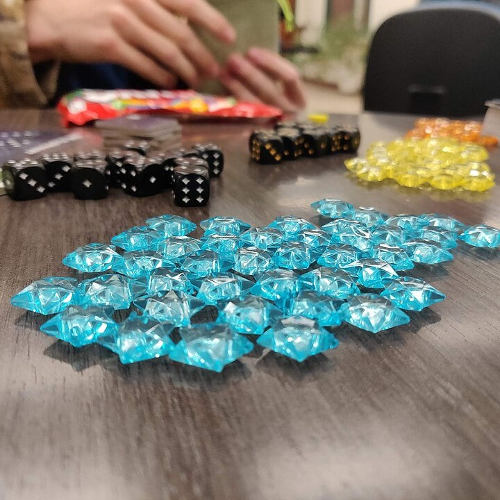 Colorful board game pieces on a table