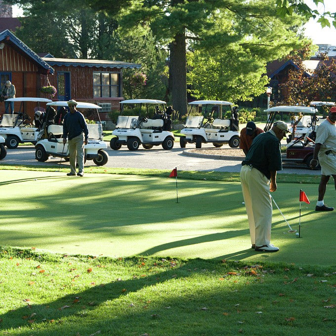 Golf carts at a course putting green