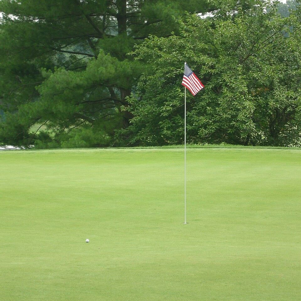 A flagstick and ball on a golf putting green