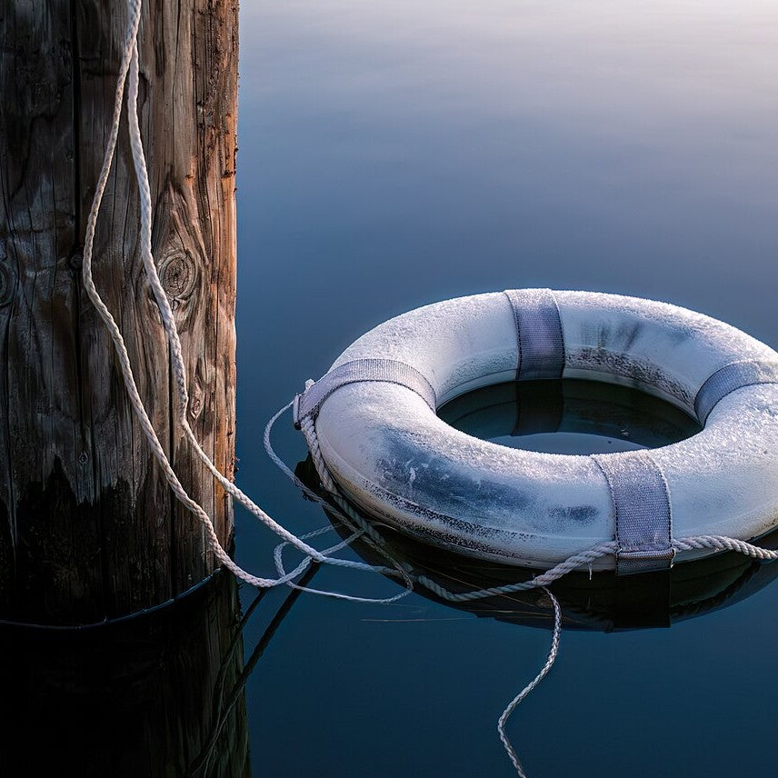 A white life ring buoy floating on water