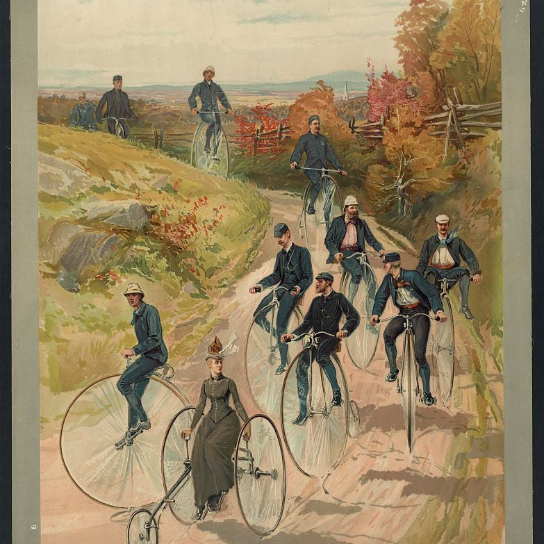 A vintage chromolithograph of penny-farthing cyclists