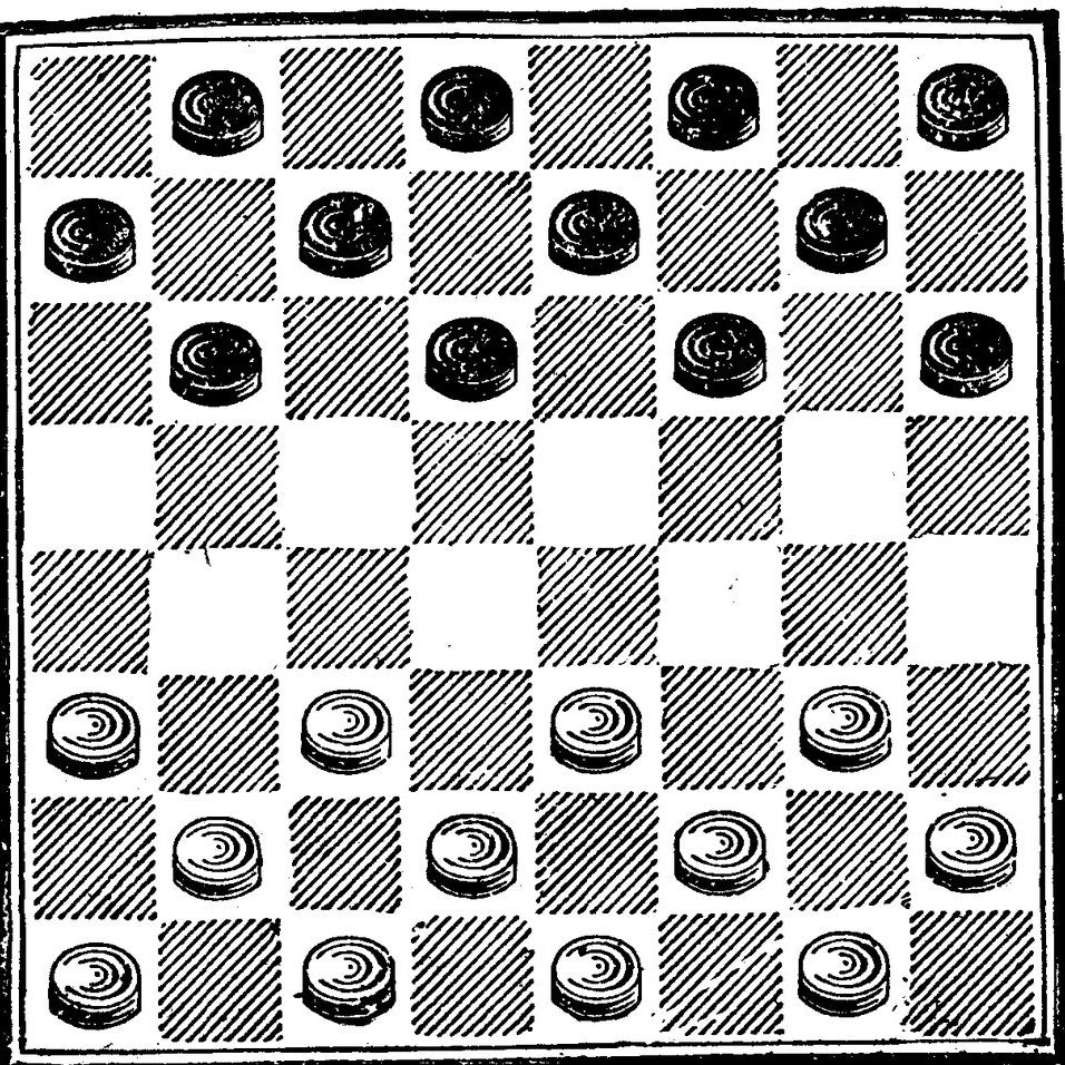 A vintage engraving of a checkers board set up to play