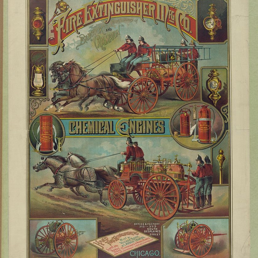 A vintage fire engine and extinguisher advertising lithograph