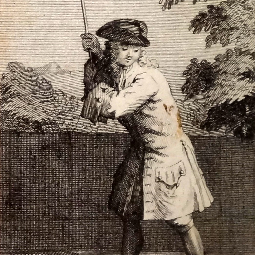 An antique engraving of a player swinging a mallet
