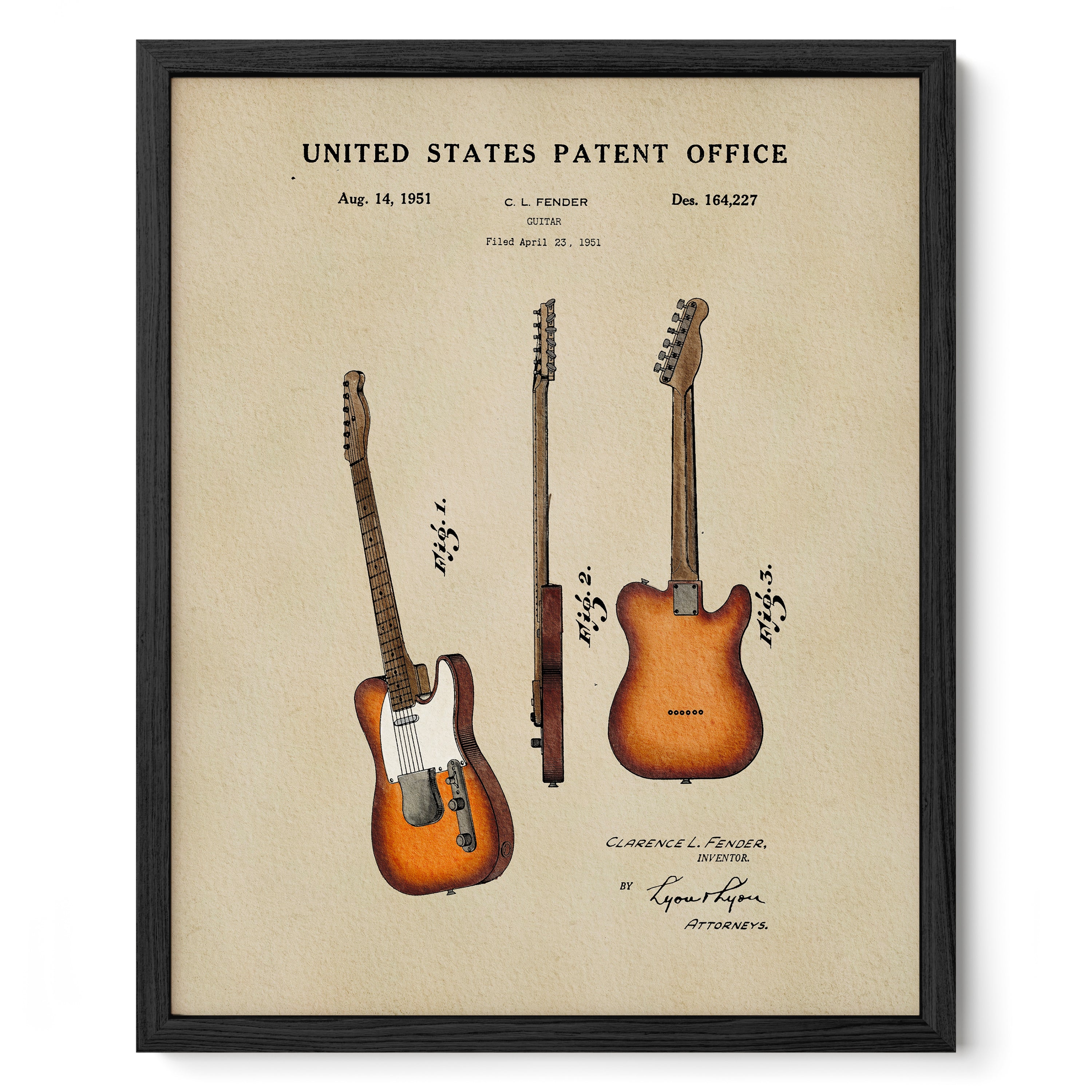 The image is a framed patent drawing of a guitar, depicting three different types of guitars with detailed illustrations and text.