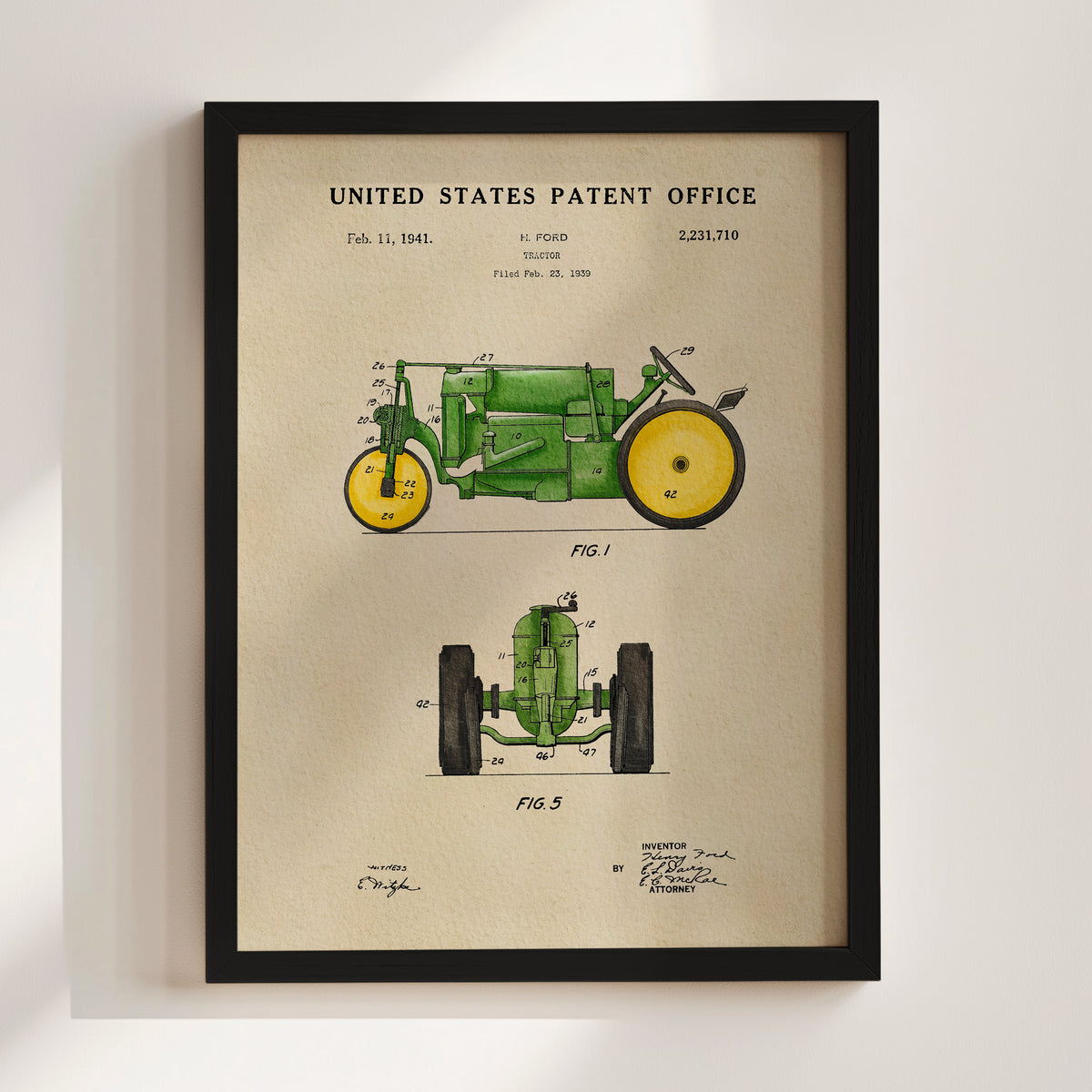 The image is a framed patent drawing of a tractor, depicting its design and features.