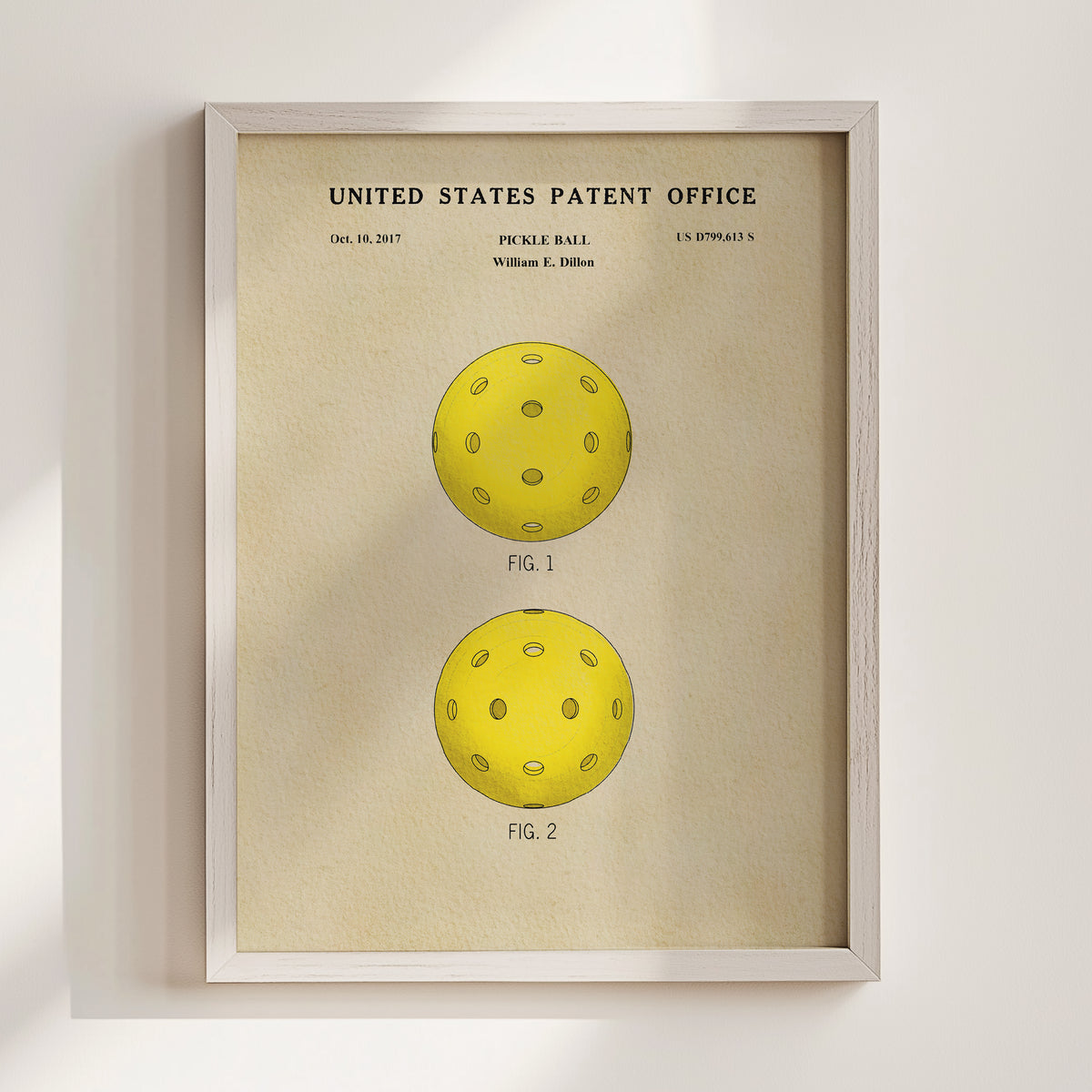 The image is a framed print of a patent application for a "Pikke Ball" from the United States Patent Office.