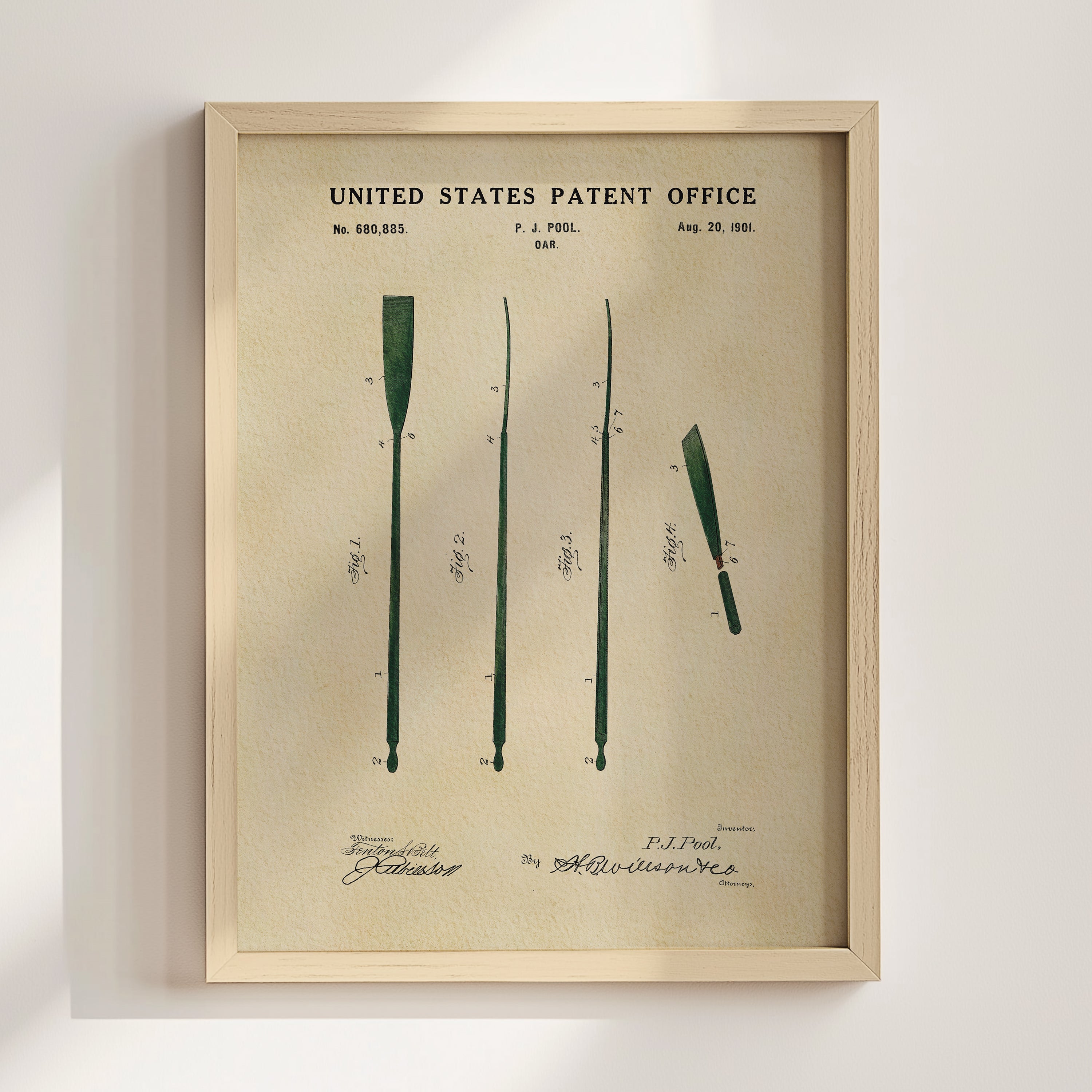 The image is a framed print of a United States patent office patent from August 20, 1901, depicting a paddle.