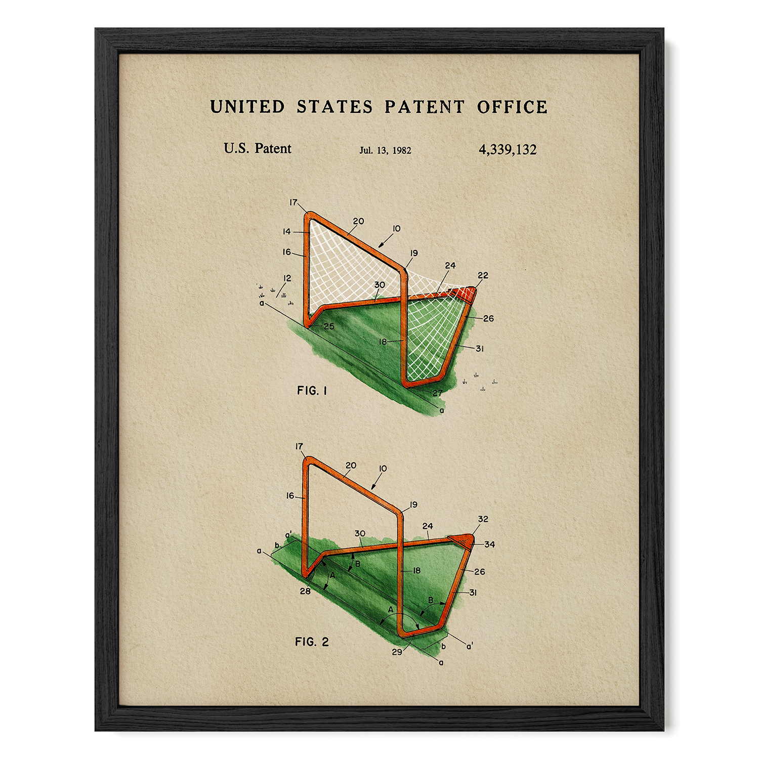 The image is a framed patent drawing depicting a hockey goal with two different designs, labeled as Fig. 1 and Fig. 2.