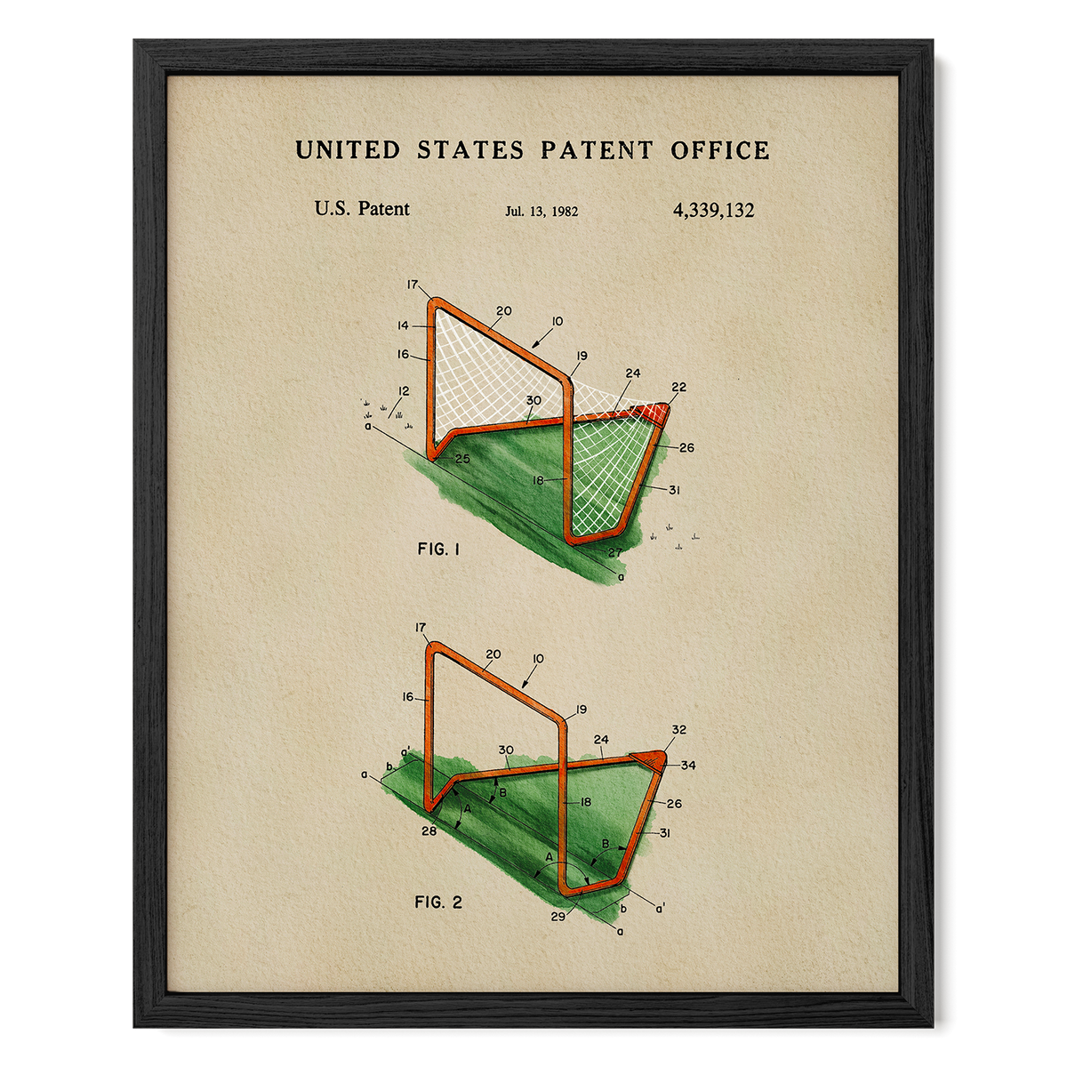 The image is a framed patent drawing depicting a hockey goal with two different designs, labeled as Fig. 1 and Fig. 2.