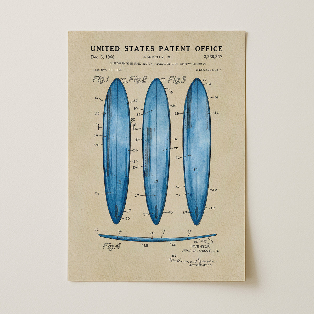 The image is a printed patent drawing of three blue surfboards, depicting their design and features.