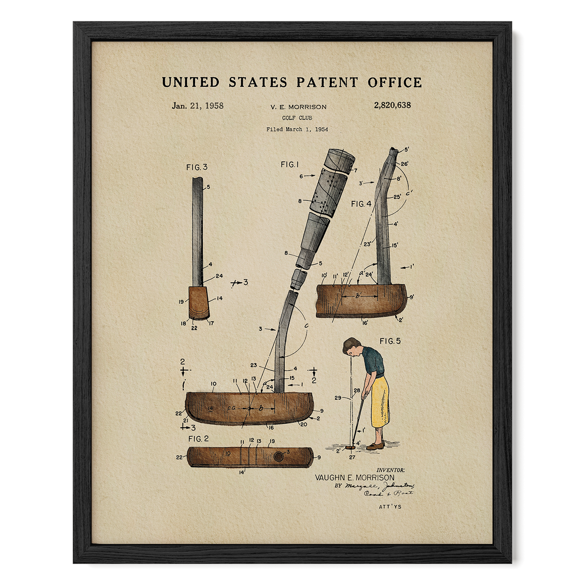 The image is a framed patent drawing depicting a golf club from 1958, featuring a man using a club to clean the ground.