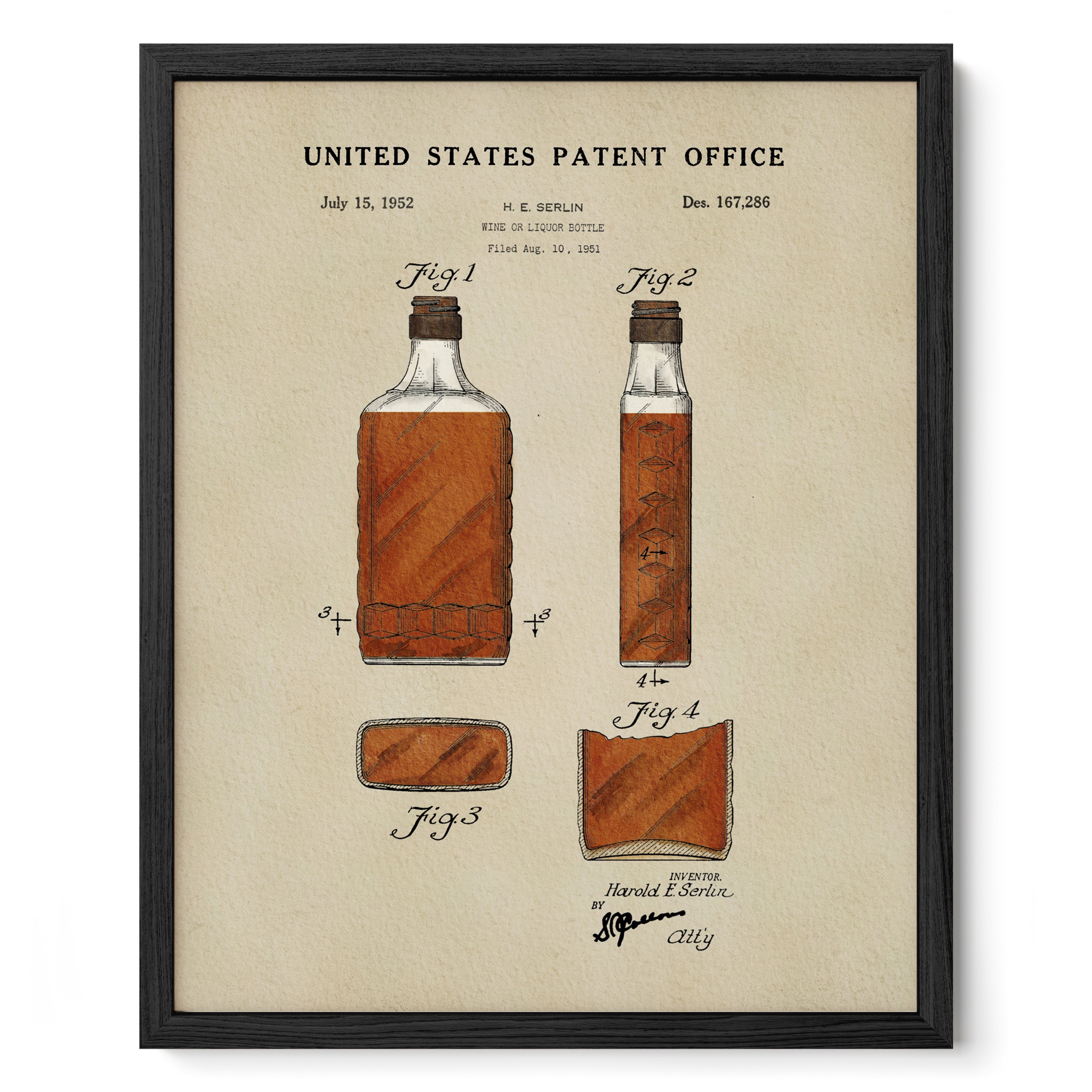 The image is a framed print depicting a patent drawing of a bottle of liquor, with accompanying figures and text.
