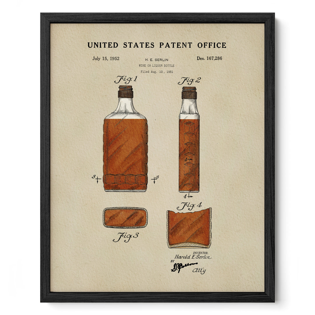 The image is a framed print depicting a patent drawing of a bottle of liquor, with accompanying figures and text.