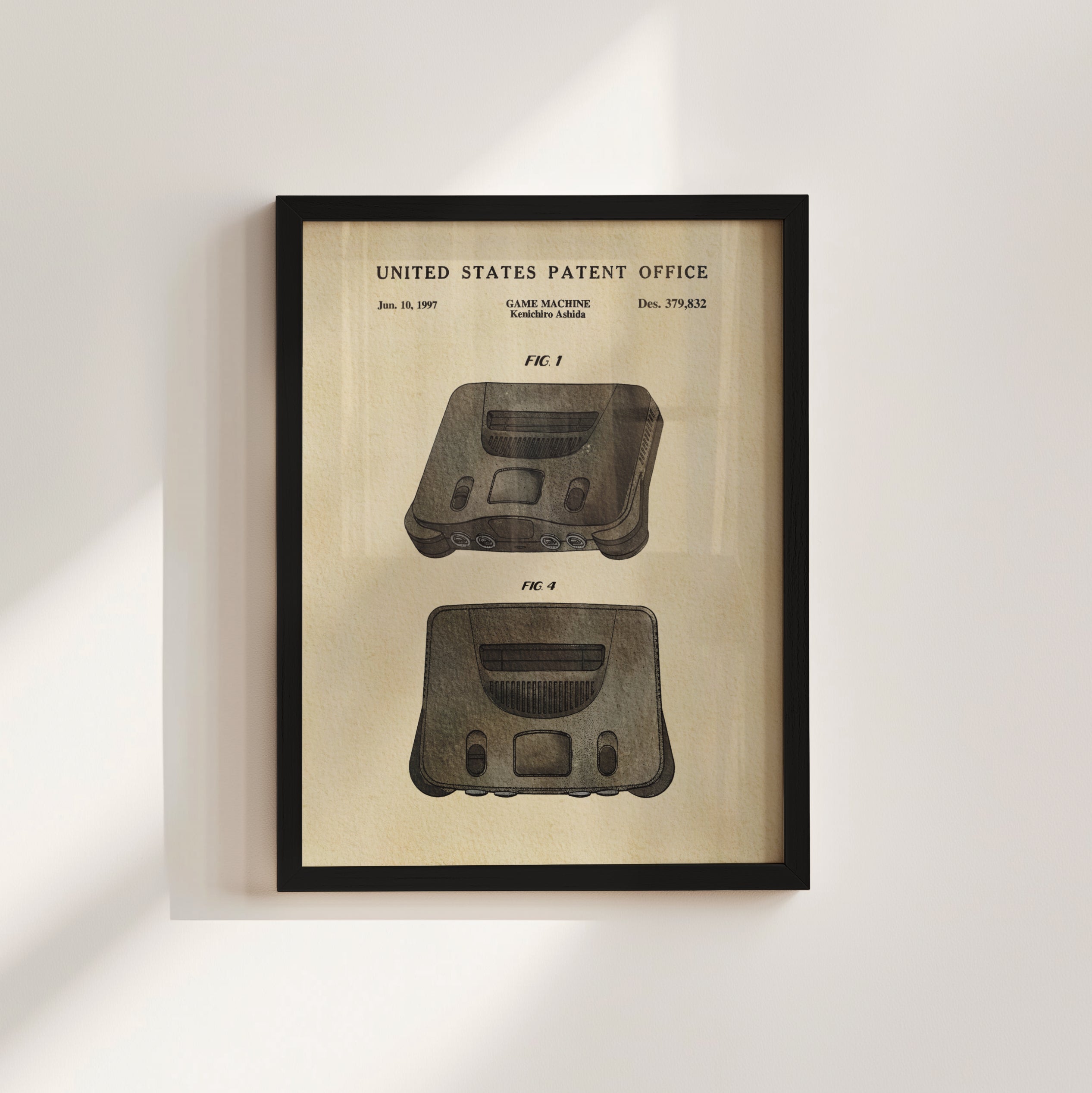 The image is a framed patent drawing of a game console, specifically a Nintendo 64, with a detailed illustration of the console and its controls.