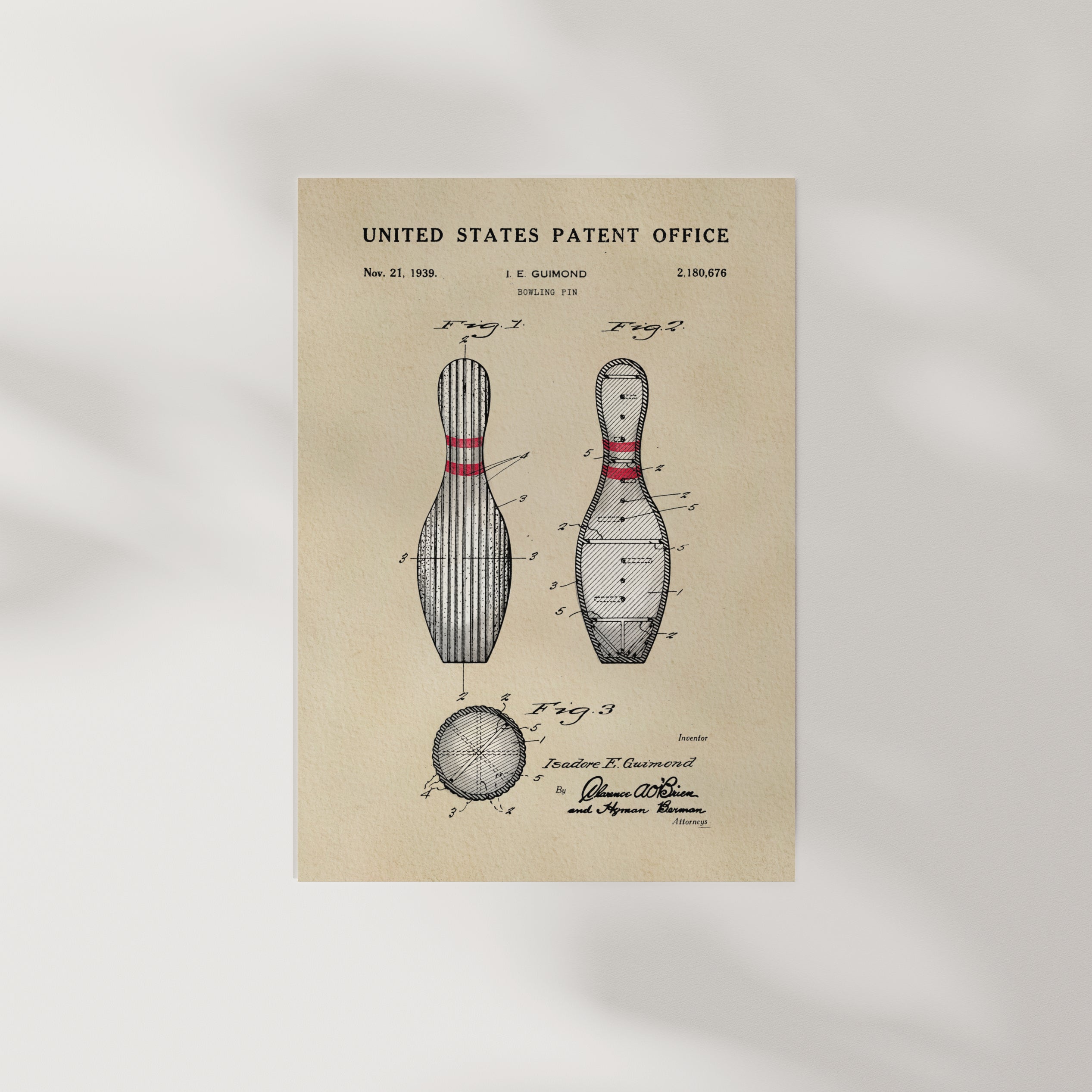 The image is a vintage patent drawing of a bowling pin, depicting the pin in two different positions.