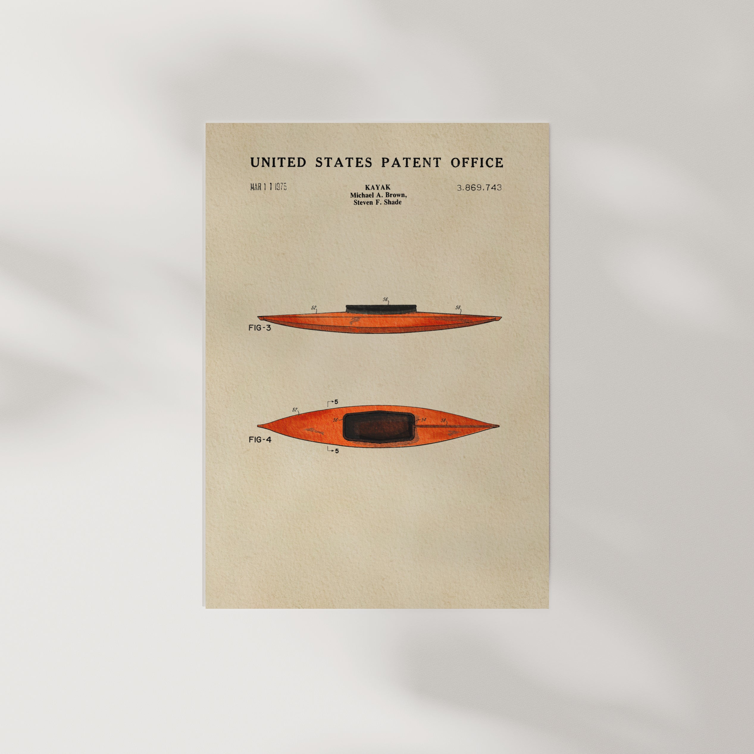 The image is a patent drawing of a kayak, depicting two different designs of the kayak with accompanying technical drawings and annotations.