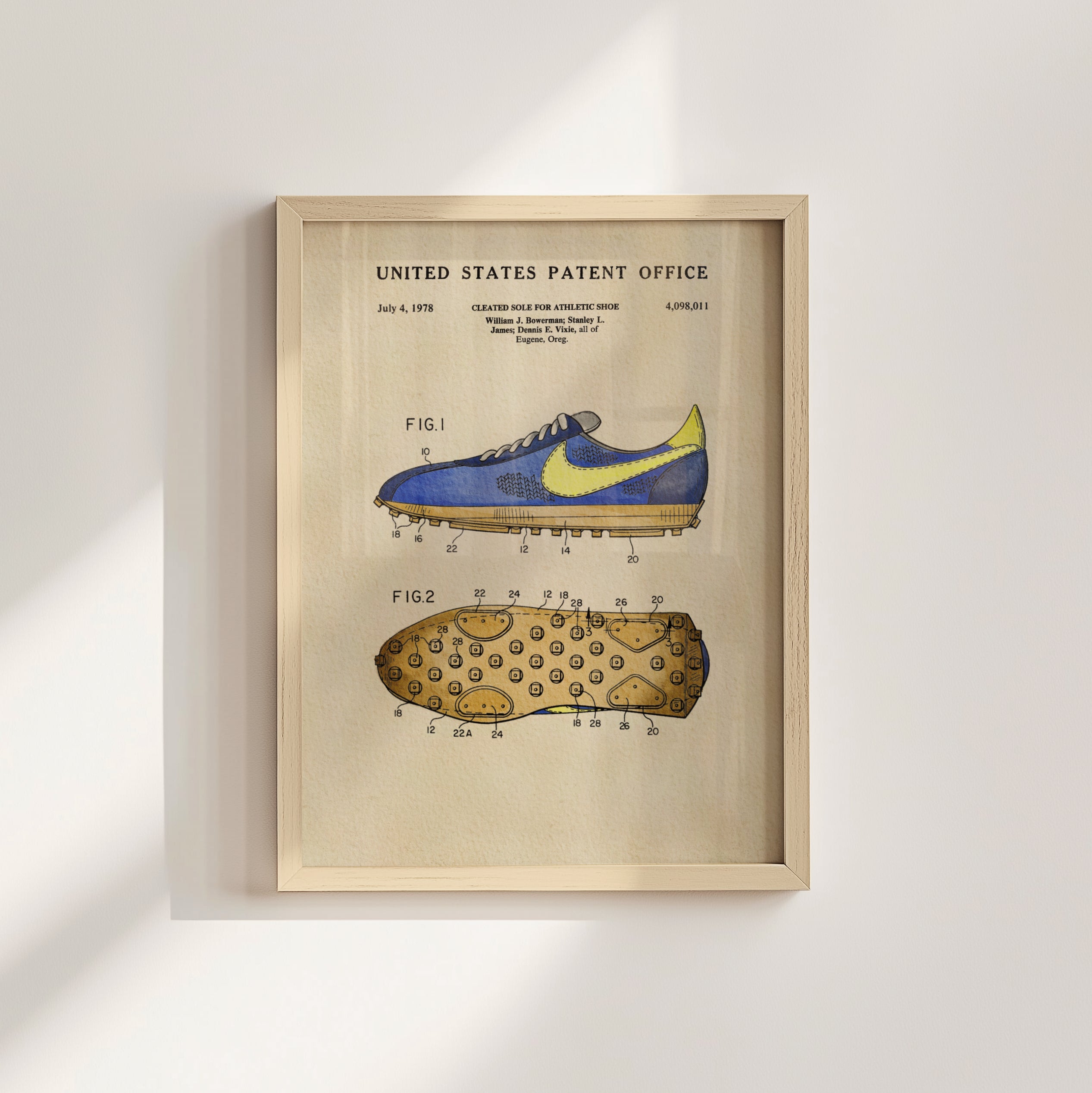 The image is a framed patent drawing of a sneaker, depicting the design and features of the shoe.