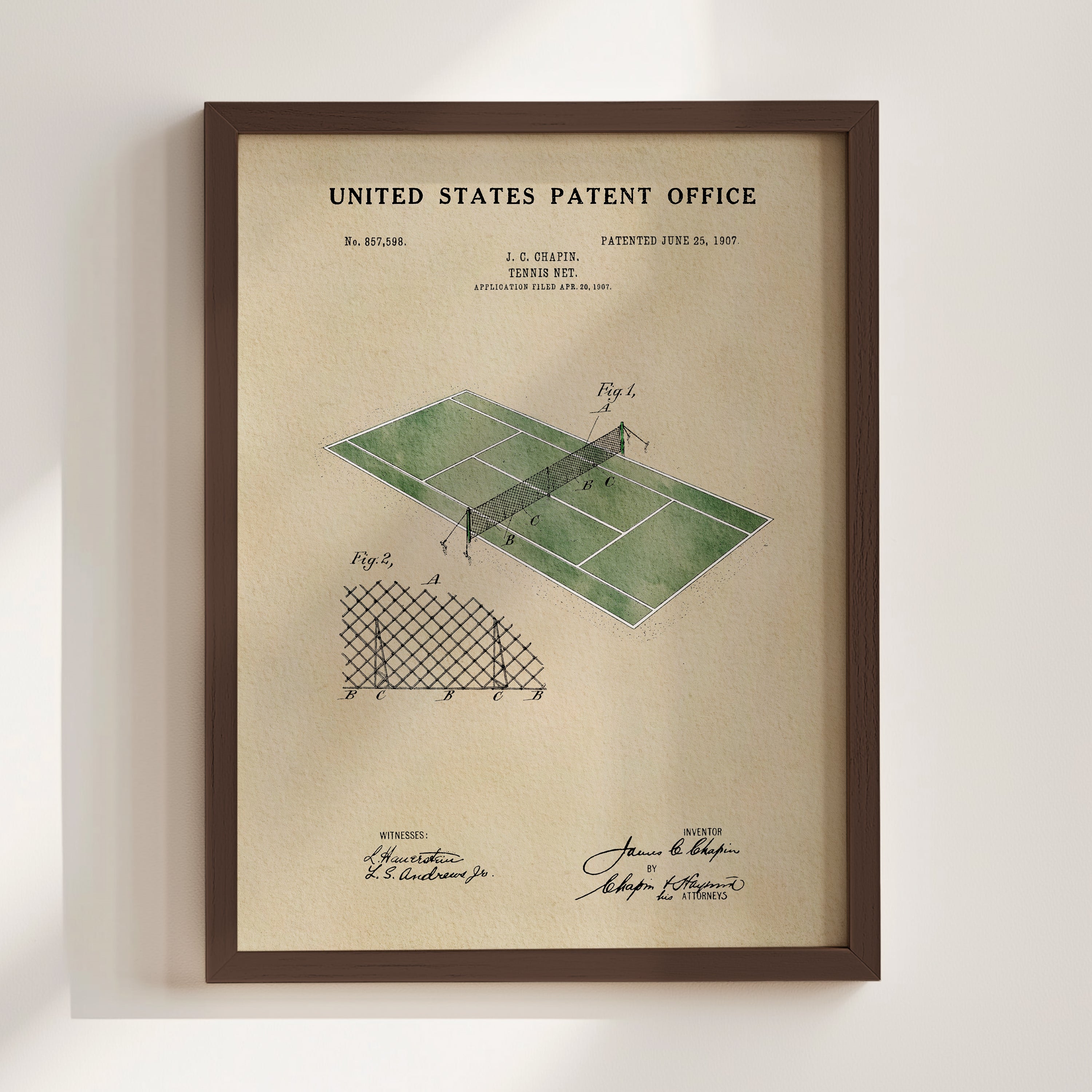 The image is a framed print of a patent drawing for a tennis court, depicting the court's design and features.