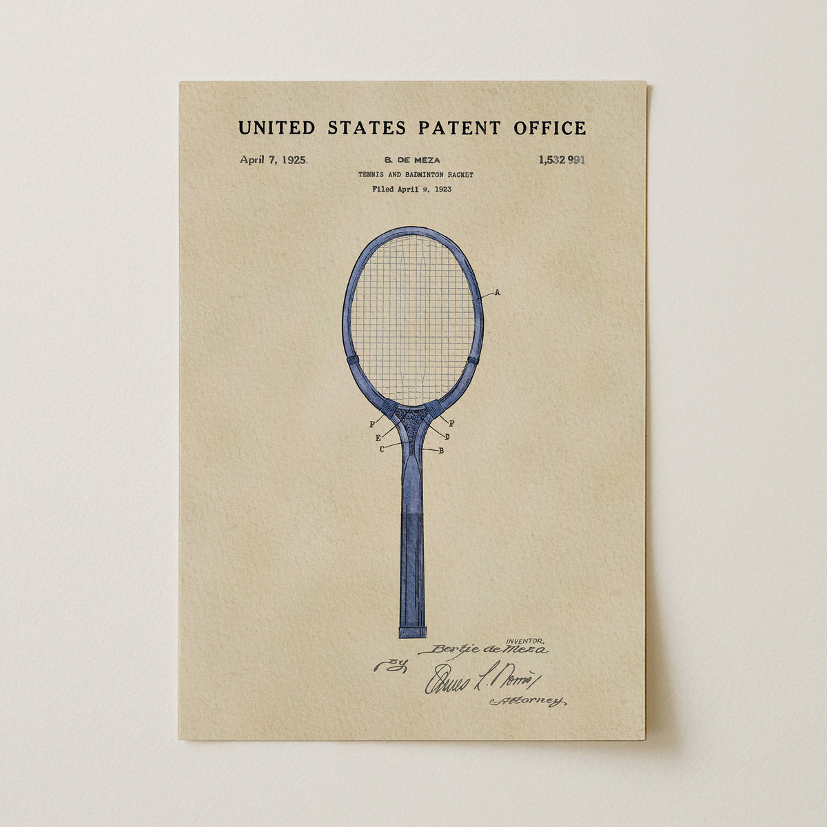 The image is a patent drawing of a tennis racket, depicting the design and features of the racket.
