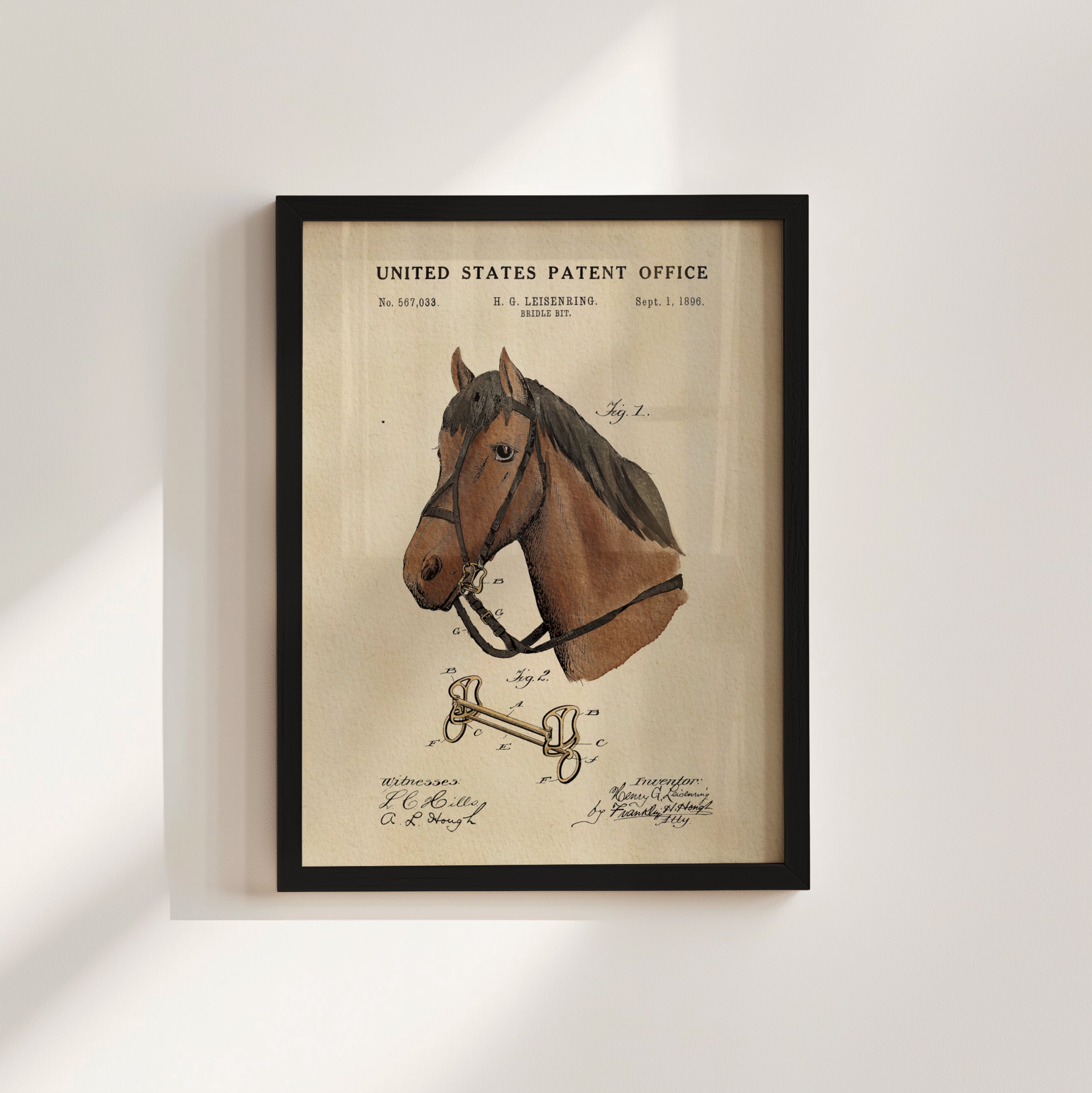The image is a framed patent drawing of a horse, depicting its head and harness.
