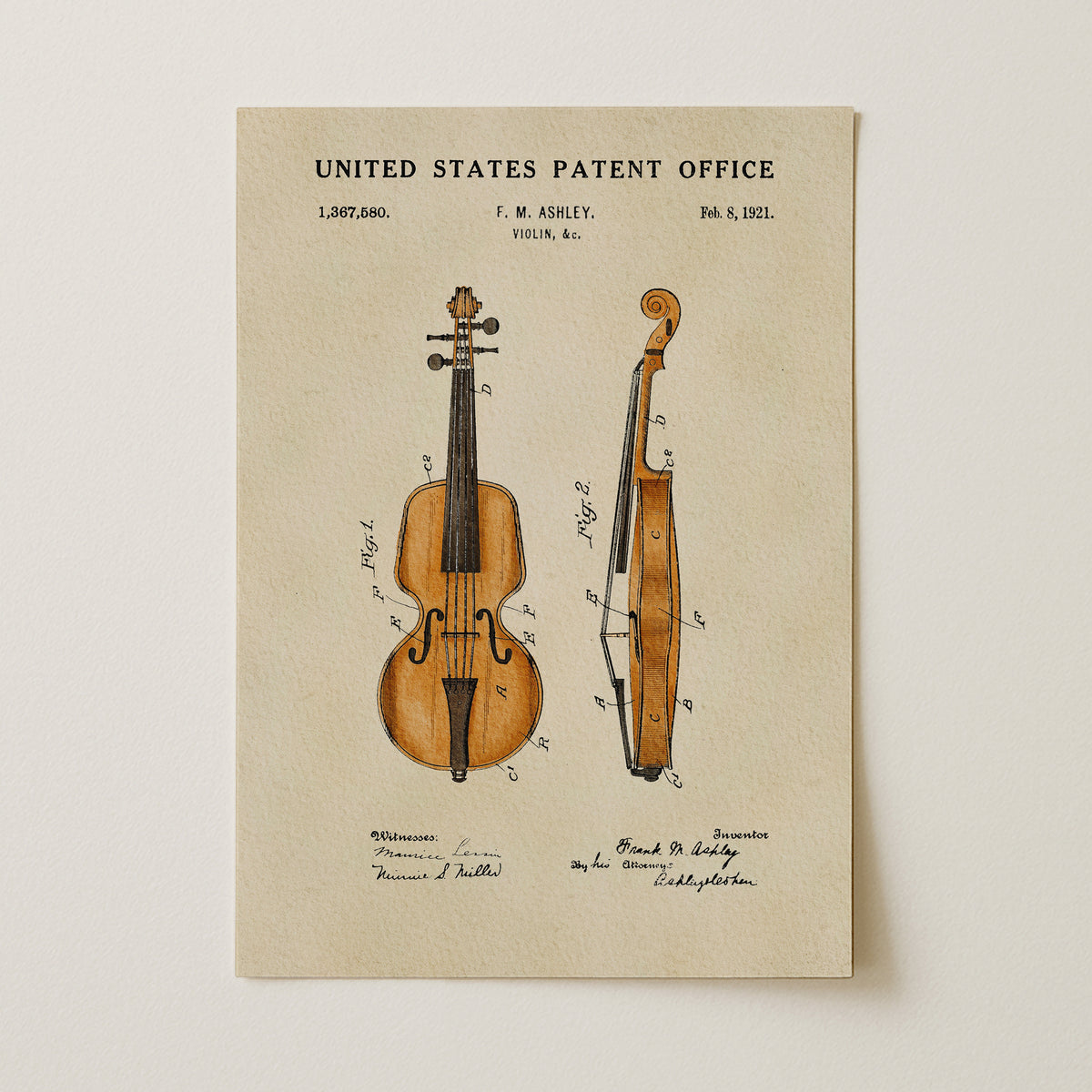 The image is a patent drawing of a violin, depicting the instrument in two views.