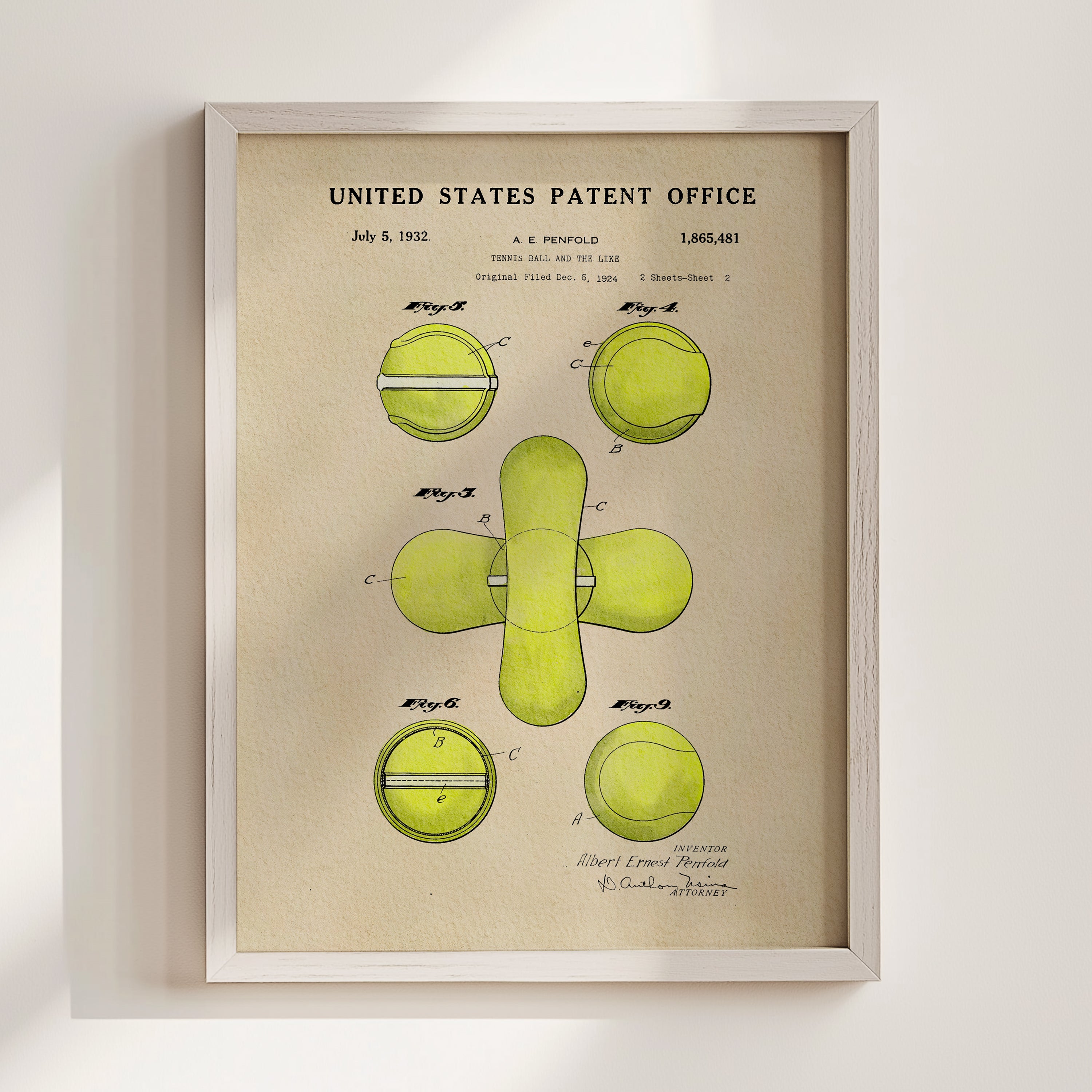 The image is a framed print of a patent drawing from July 5, 1932, depicting a tennis ball and racket.