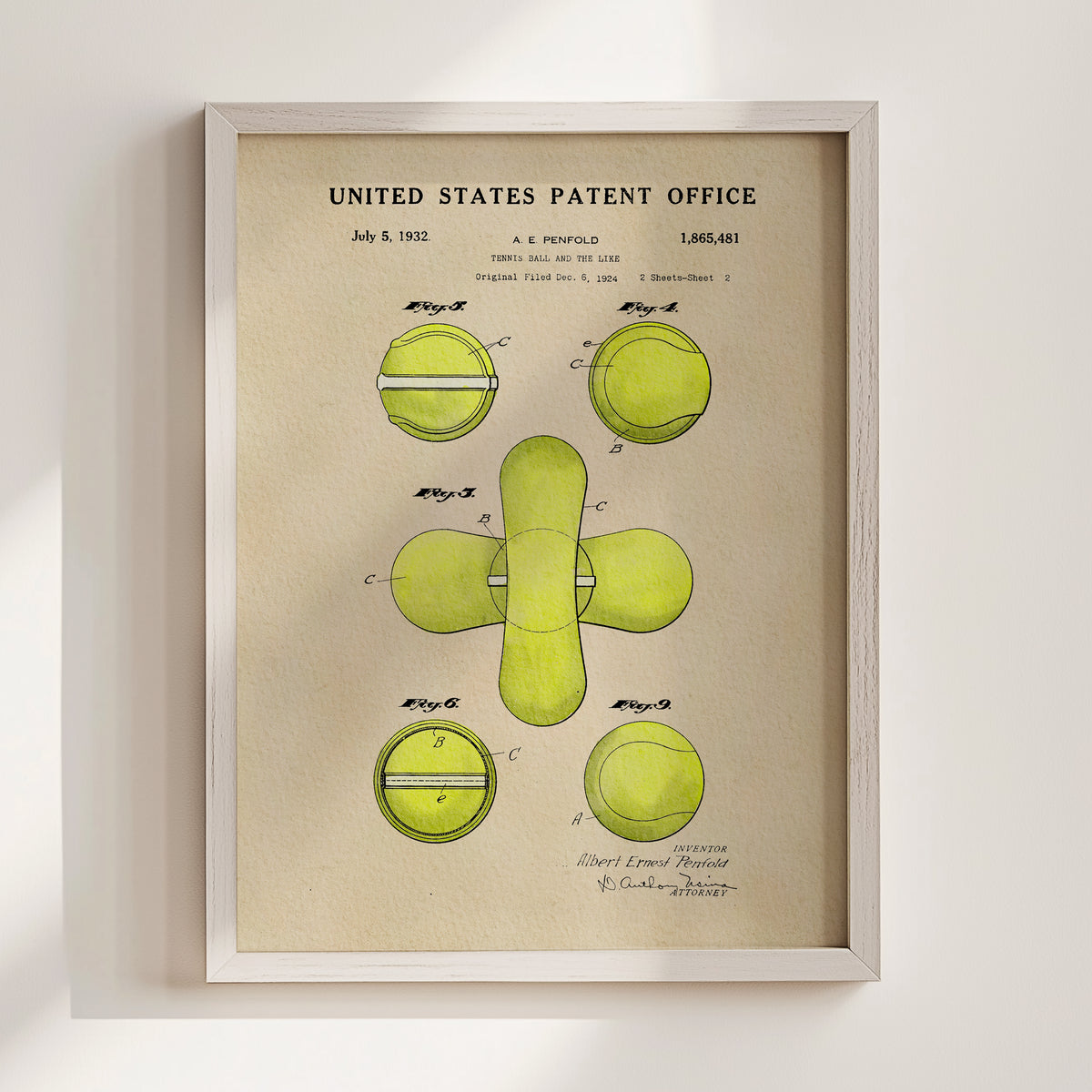 The image is a framed print of a patent drawing from July 5, 1932, depicting a tennis ball and racket.