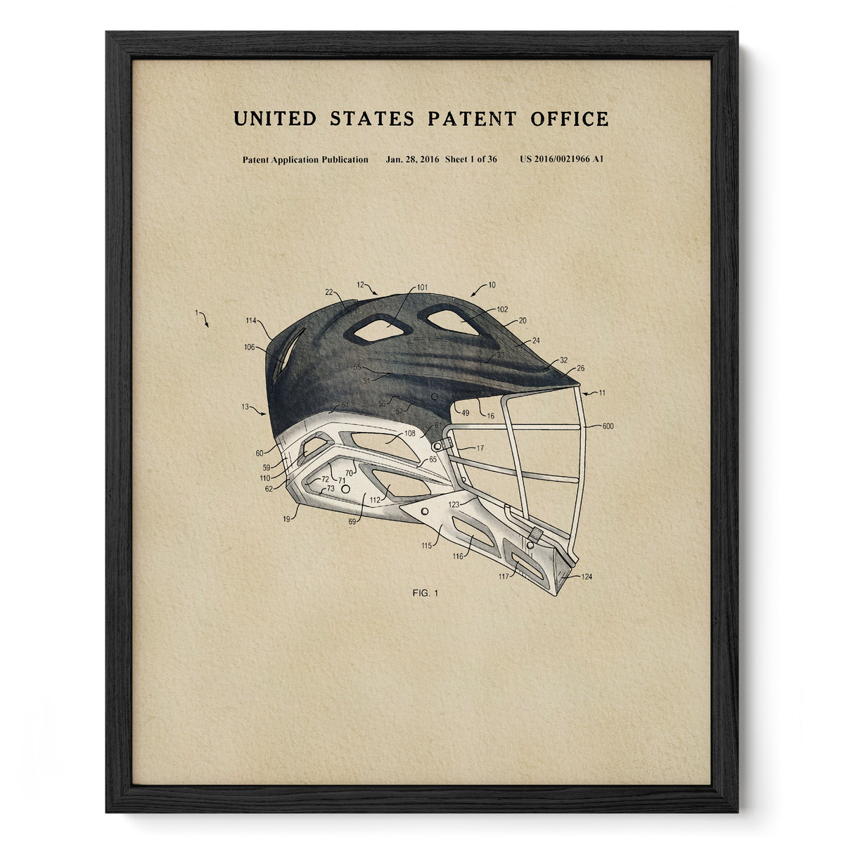 The image is a framed patent drawing of a lacrosse helmet, depicting the design and features of the helmet.