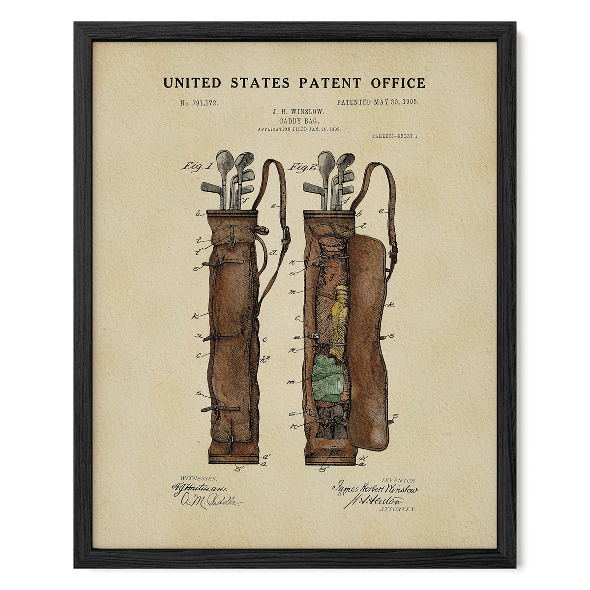 The image is a framed patent drawing depicting a golf bag with a detailed illustration of its design and features.