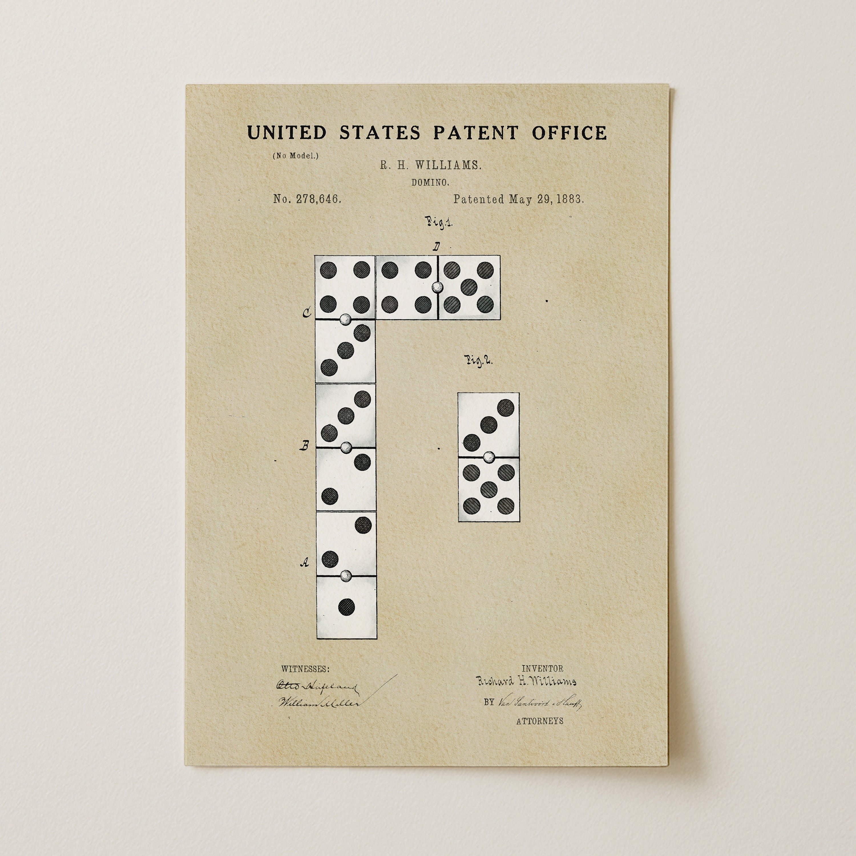 The image is a patent drawing from the United States Patent Office, depicting a domino chain with a total of 20 dominoes.