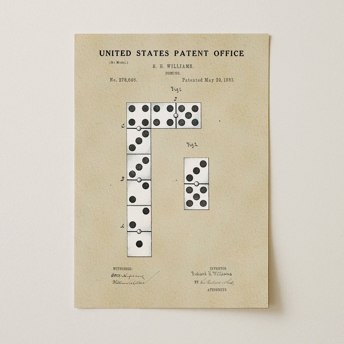 The image is a patent drawing from the United States Patent Office, depicting a domino chain with a total of 20 dominoes.
