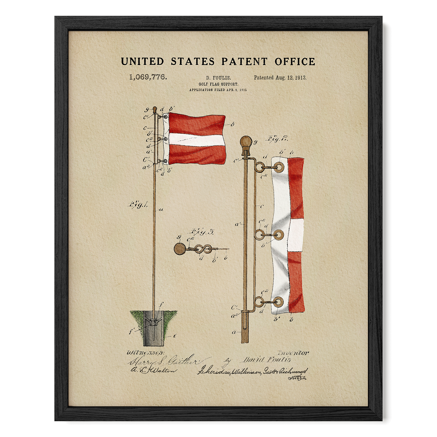 The image is a framed patent drawing from the United States Patent Office, depicting a flagpole with a flag attached to it.