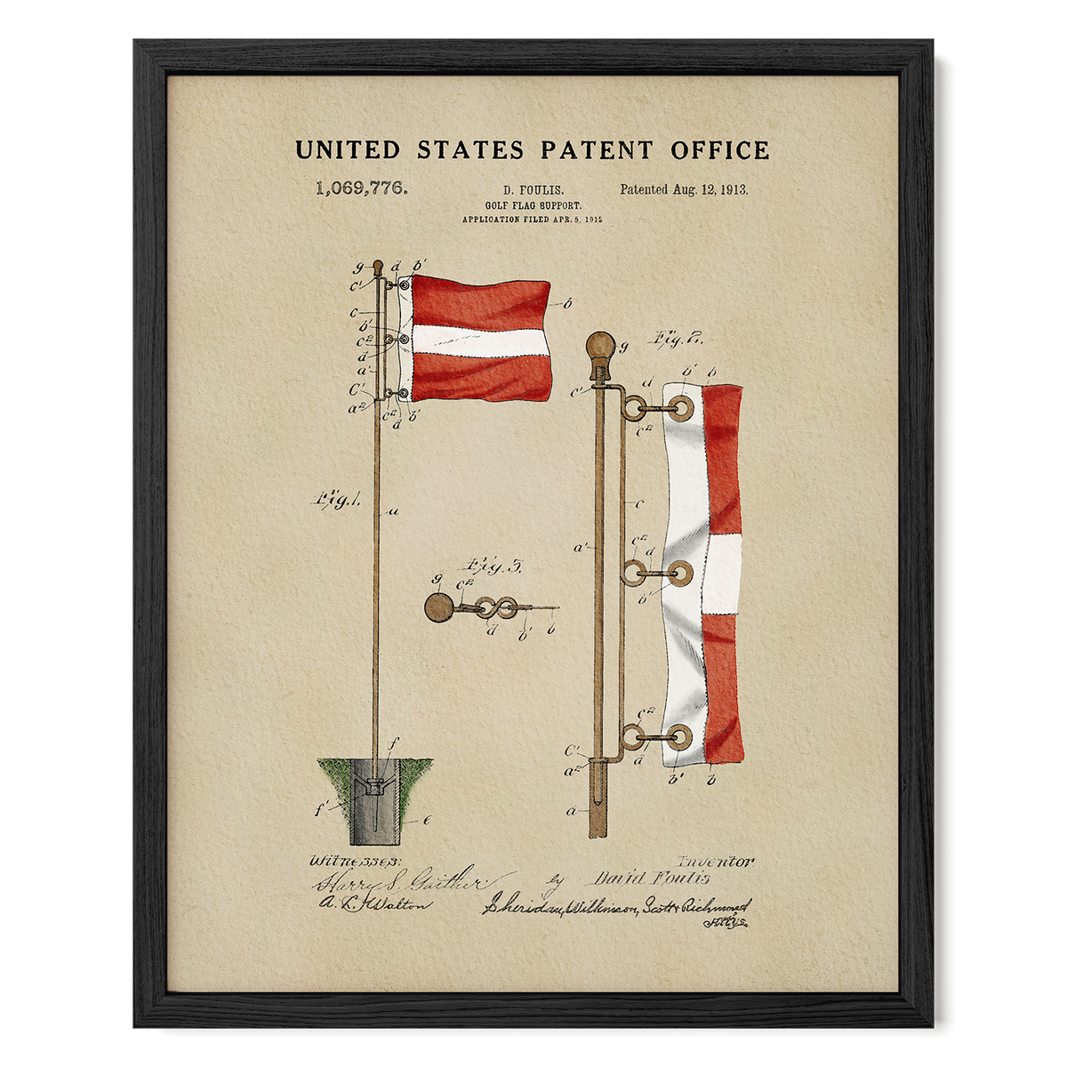 The image is a framed patent drawing from the United States Patent Office, depicting a flagpole with a flag attached to it.