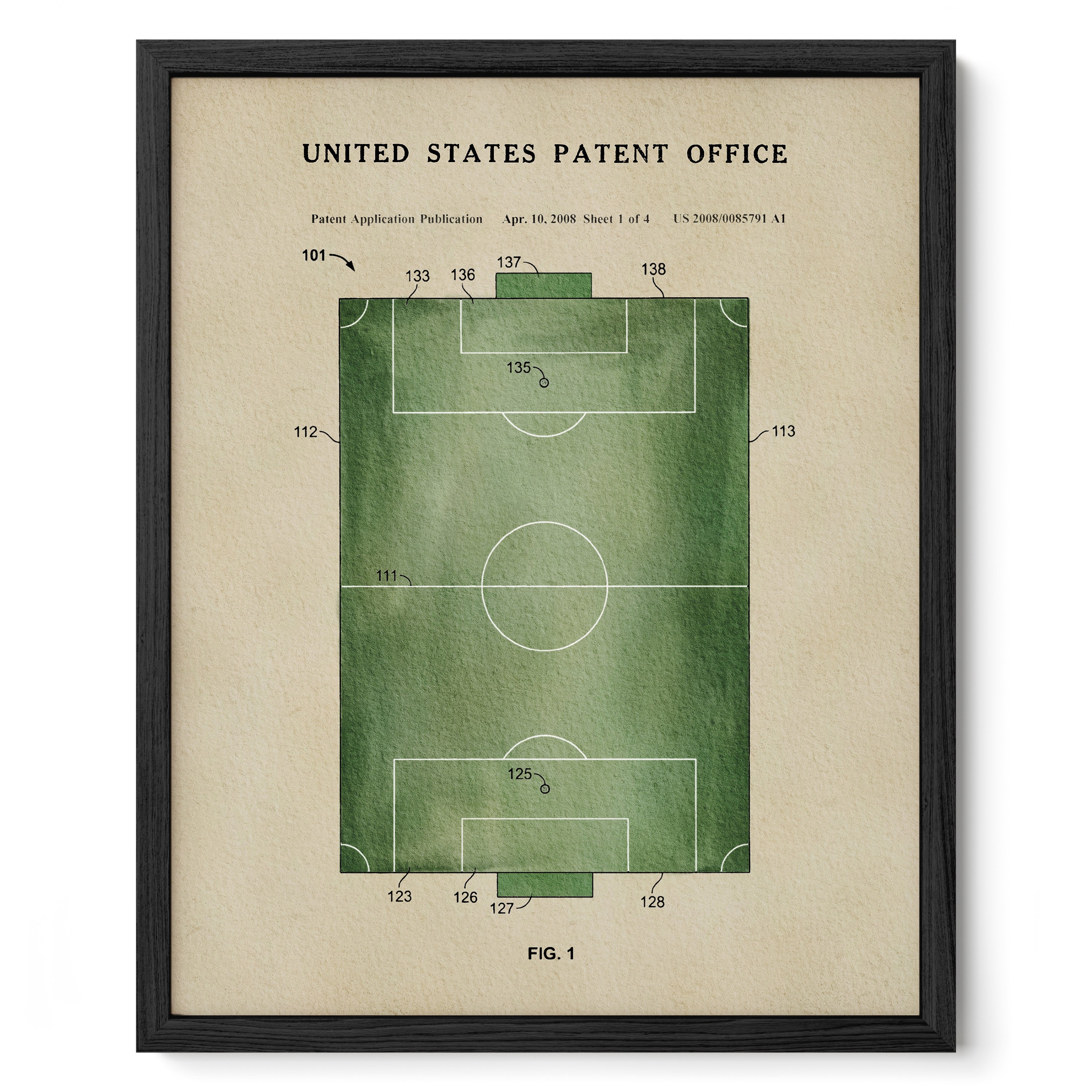 The image is a framed print depicting a patent application for a soccer field, with various numbered sections and annotations.