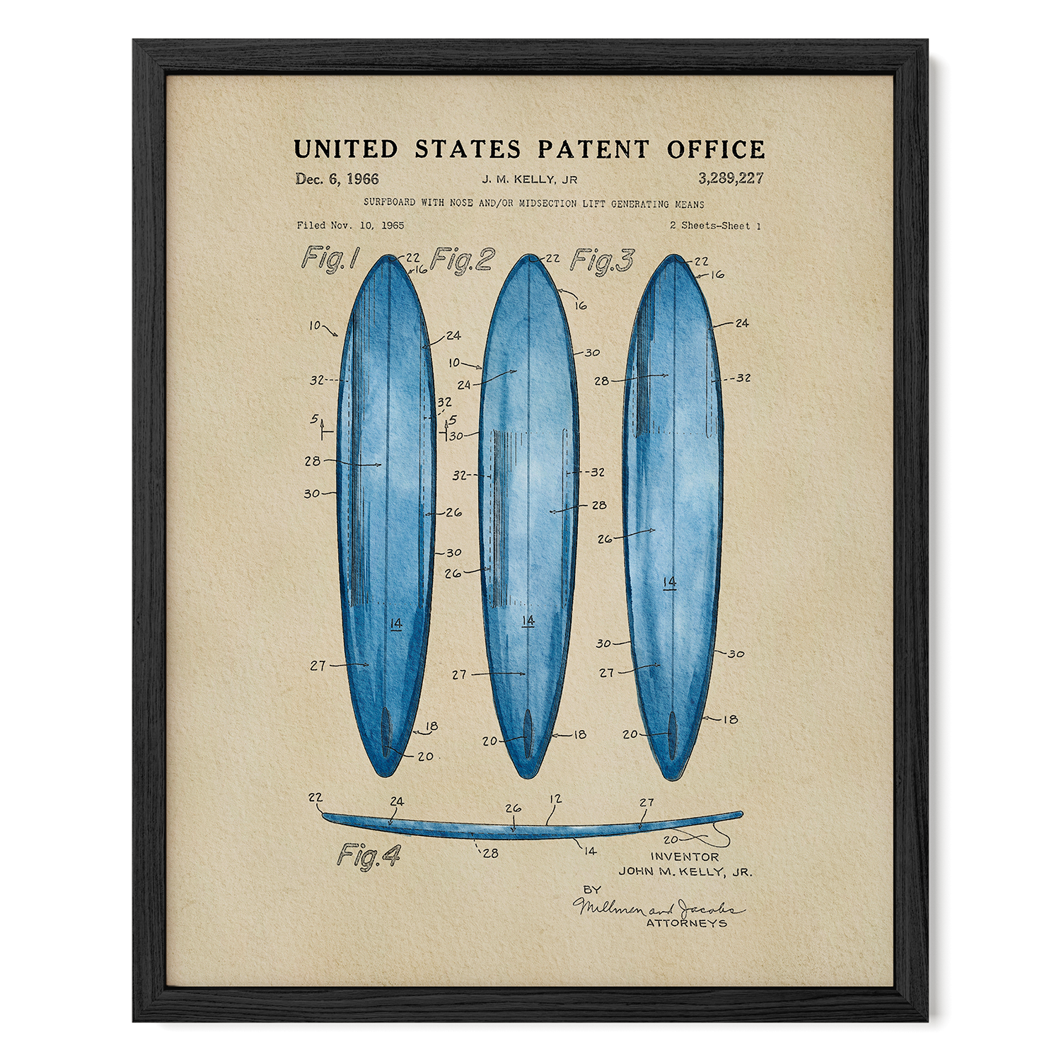 The image is a framed patent drawing depicting three blue surfboards with detailed technical drawings and labels.