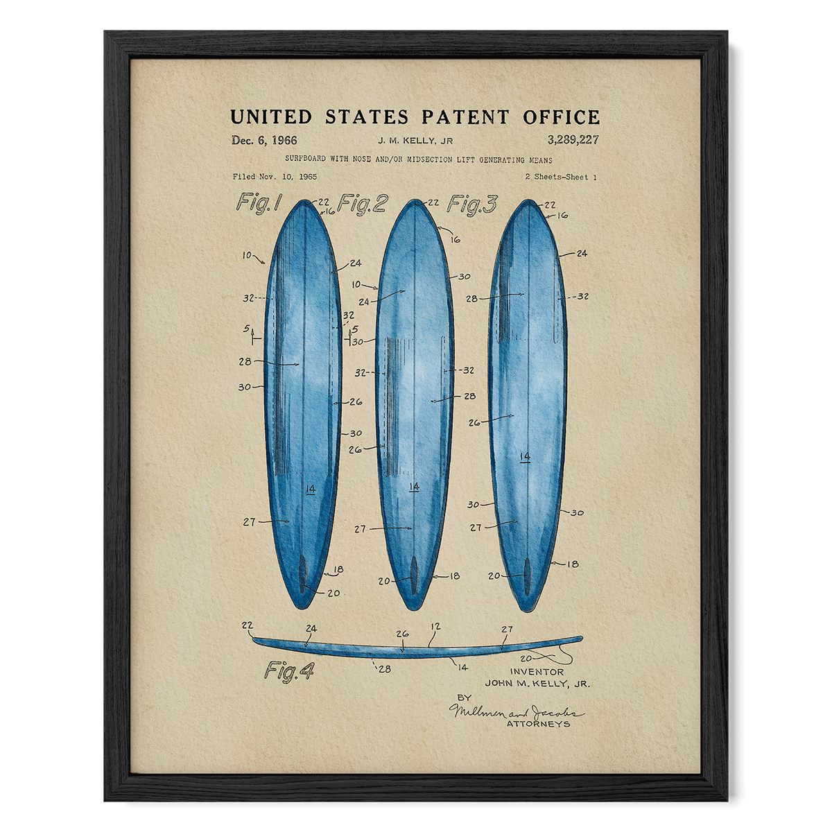 The image is a framed patent drawing depicting three blue surfboards with detailed technical drawings and labels.