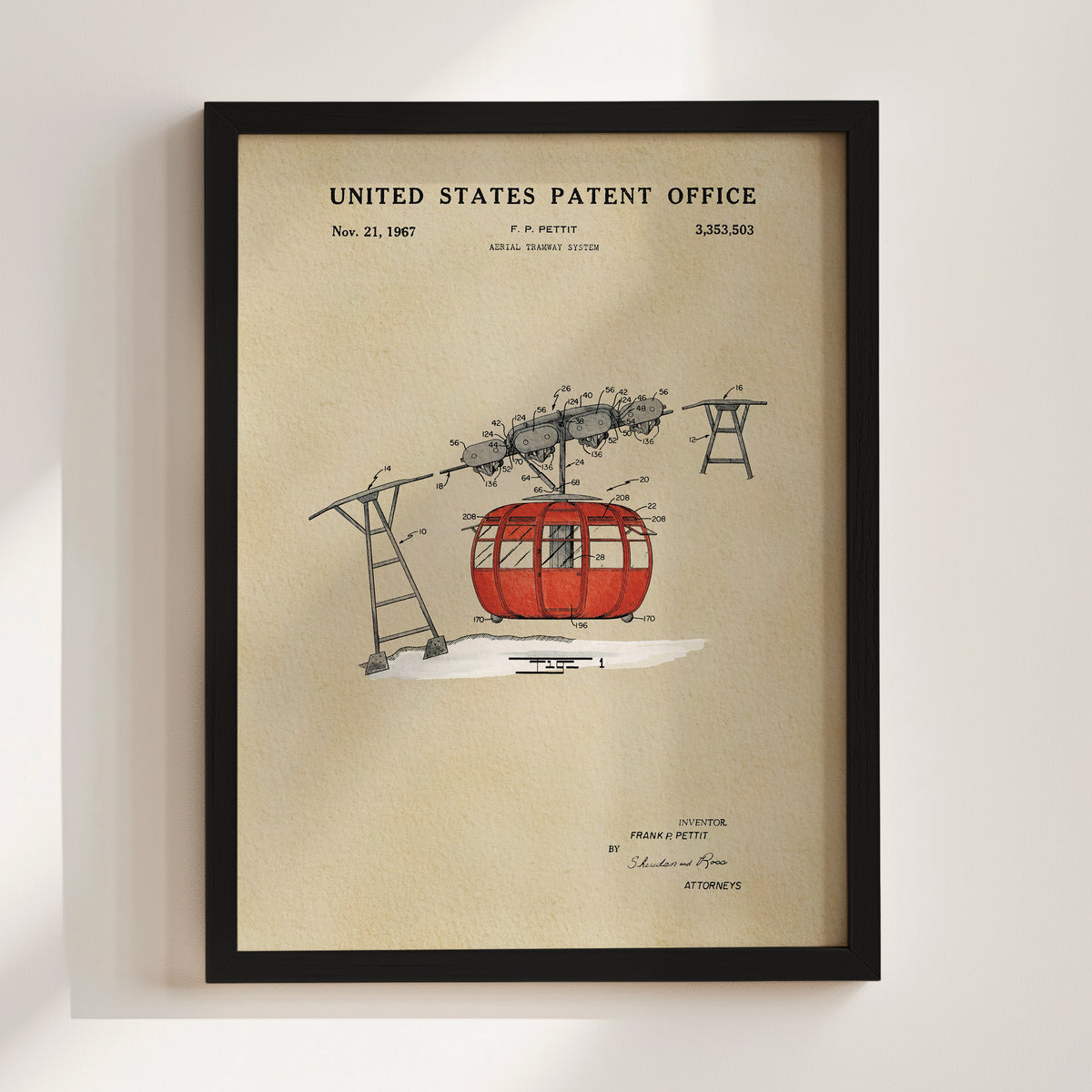 The image is a framed print of a United States patent office patent from Nov. 21, 1967, titled "Aerial Train System".
