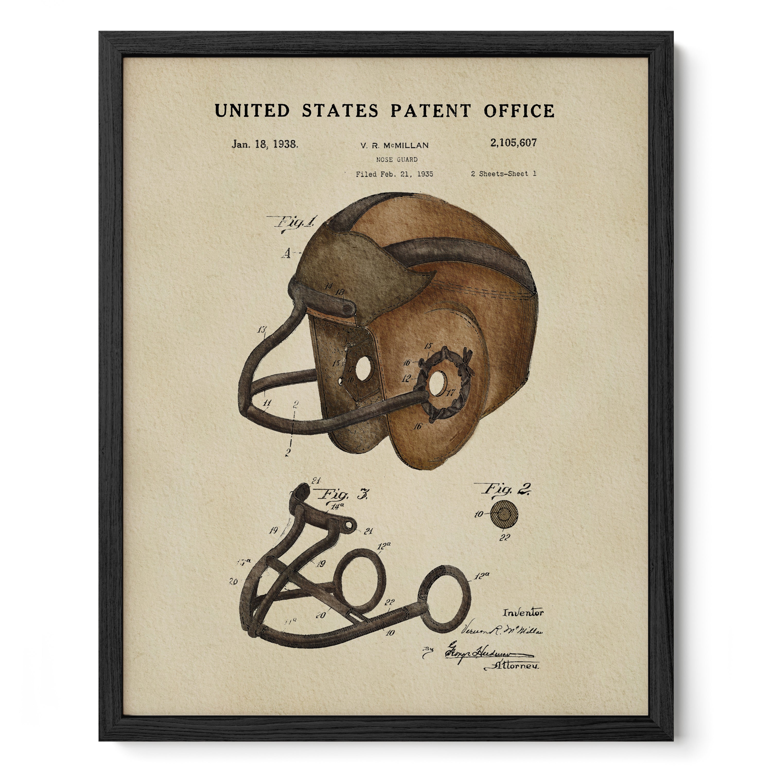 The image is a framed print depicting a vintage American football helmet with a detailed drawing and technical specifications.