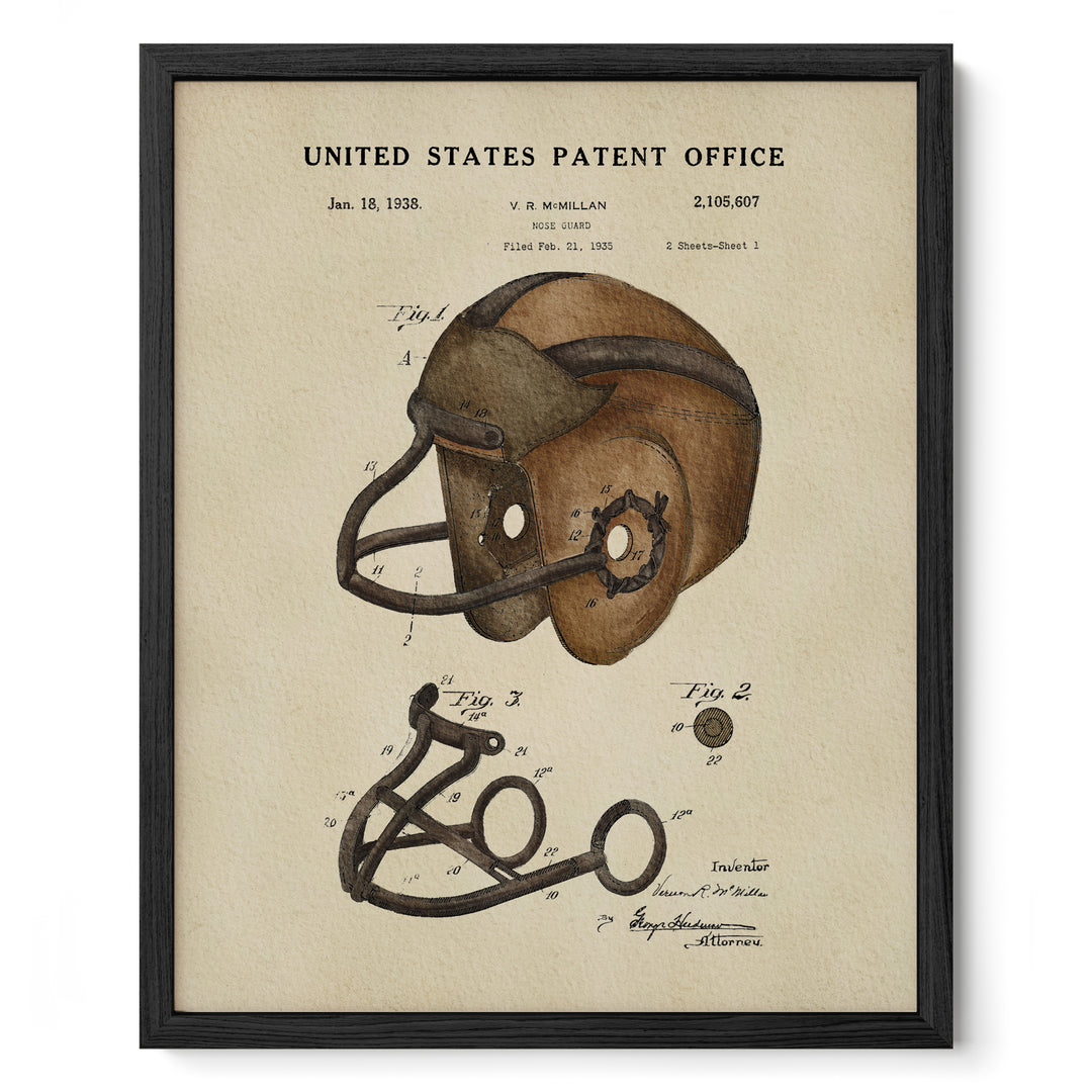 The image is a framed print depicting a vintage American football helmet with a detailed drawing and technical specifications.