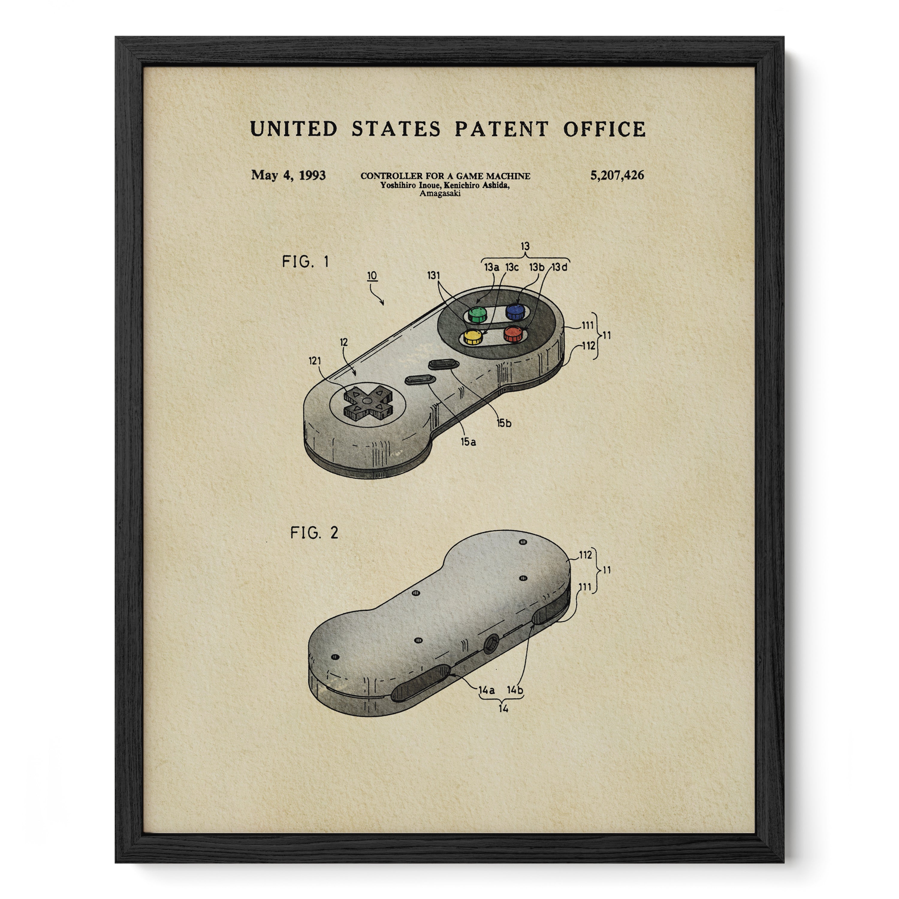 The image is a framed patent drawing depicting a game controller, specifically a joystick, with detailed technical drawings and labels.